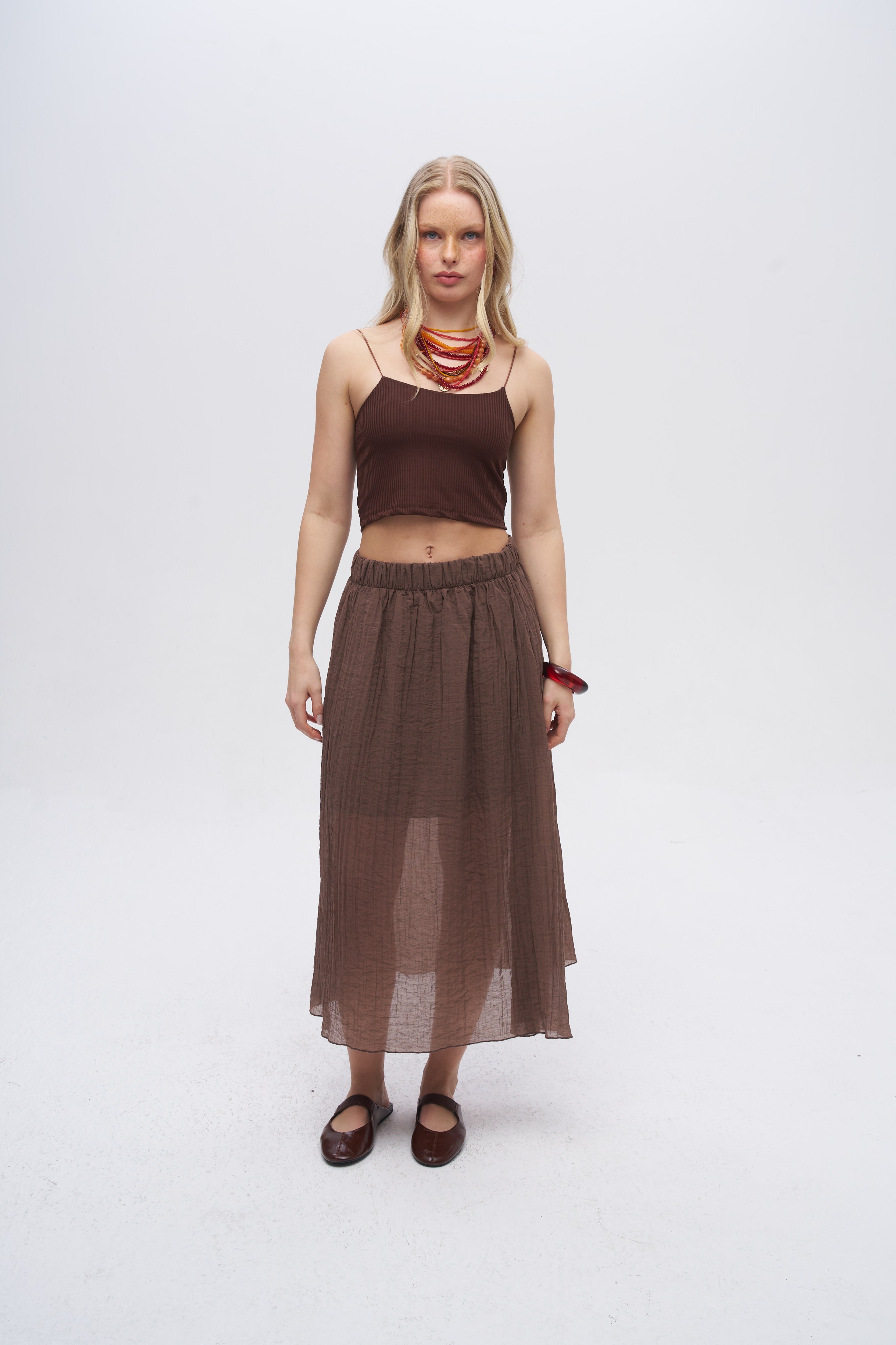 Beli Lastikli Çizgi Dokulu Yarı Astarlı Kahve Etek