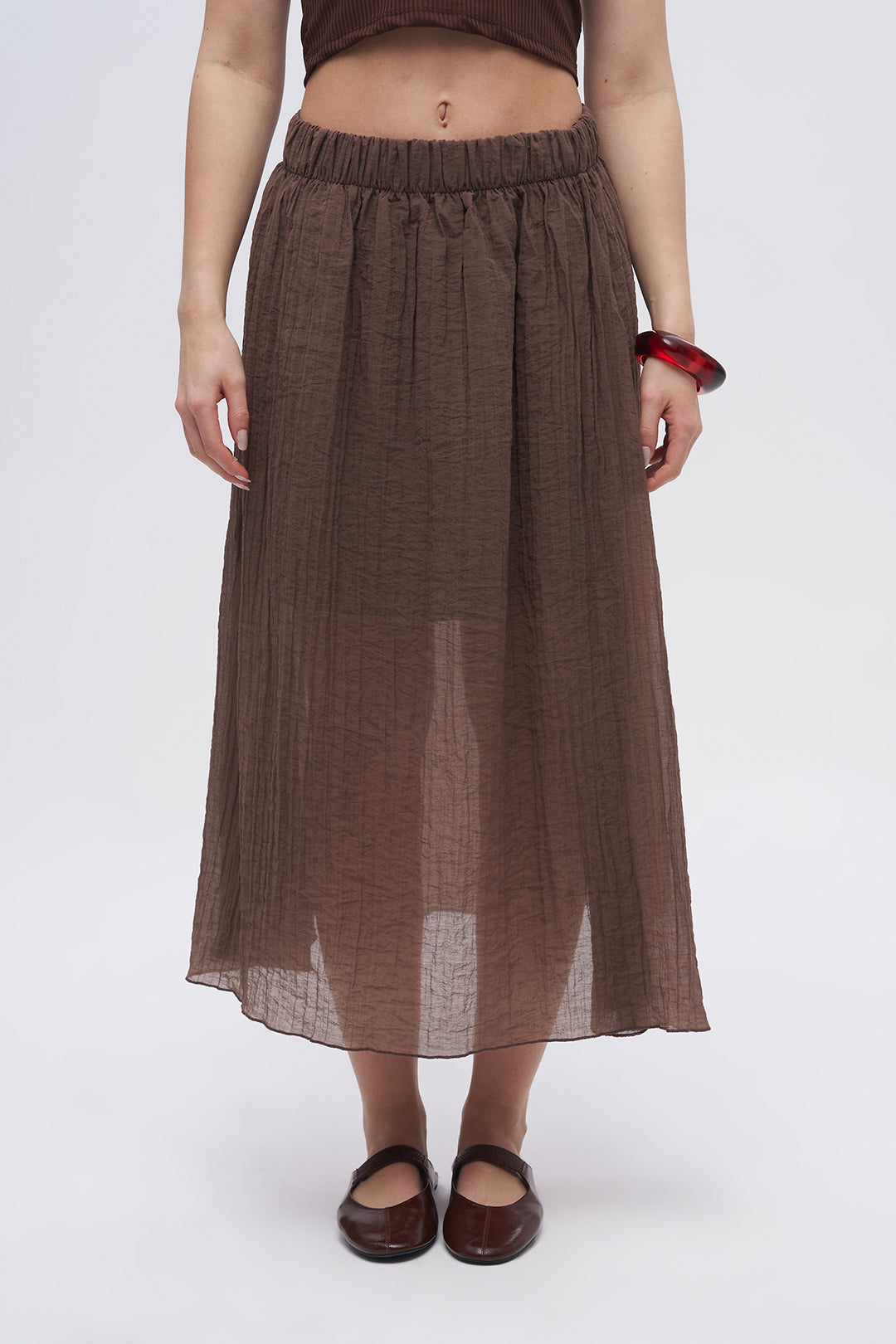 Beli Lastikli Çizgi Dokulu Yarı Astarlı Kahve Etek