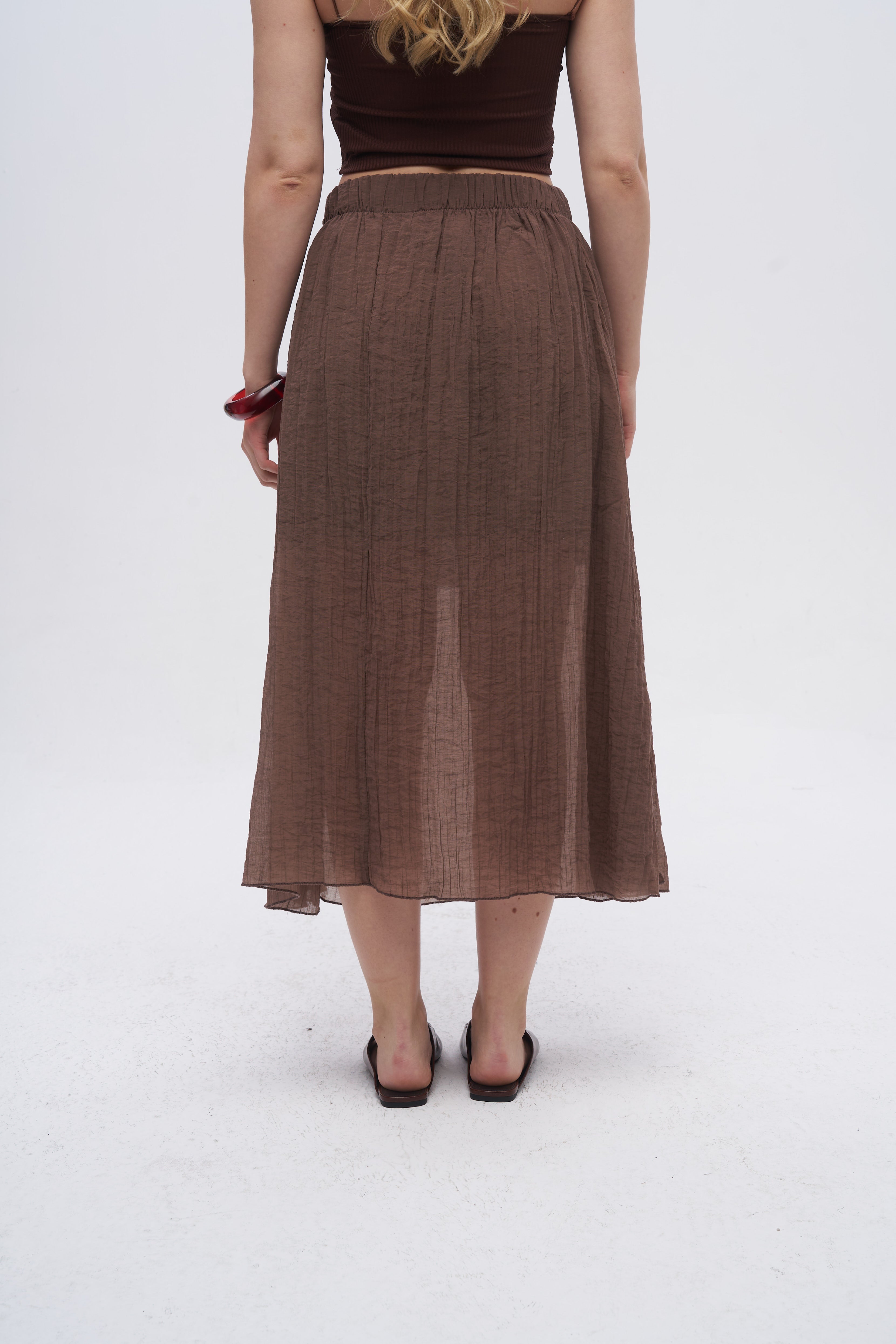 Beli Lastikli Çizgi Dokulu Yarı Astarlı Kahve Etek