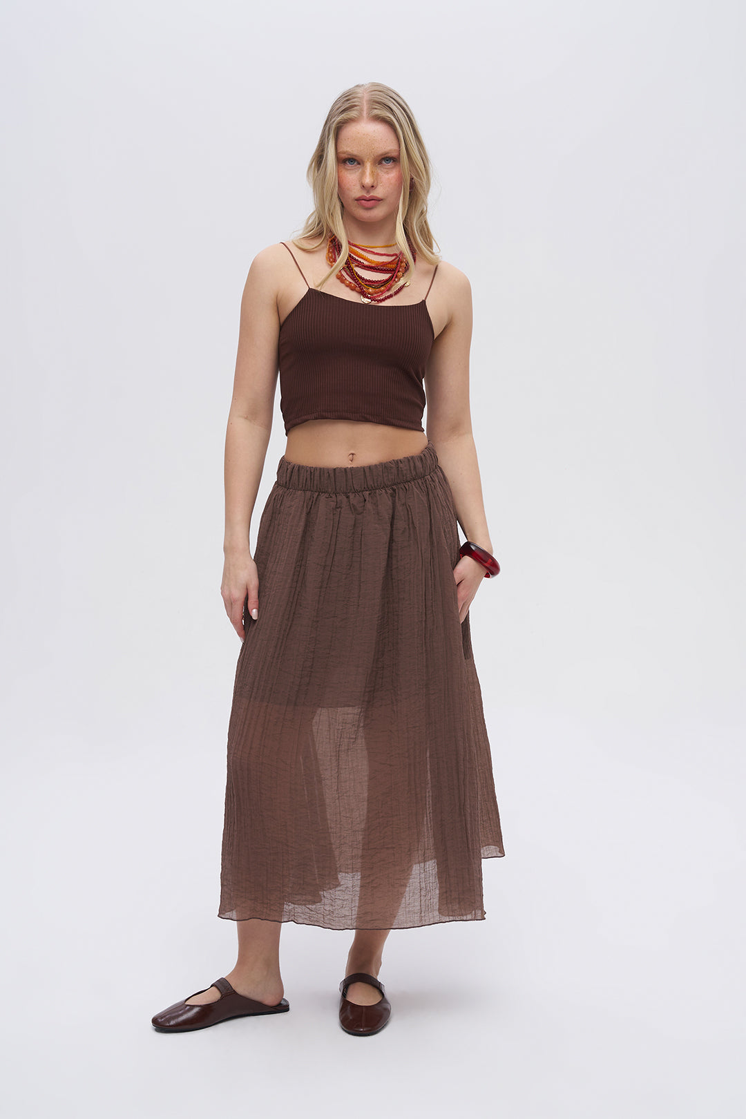 Beli Lastikli Çizgi Dokulu Yarı Astarlı Kahve Etek