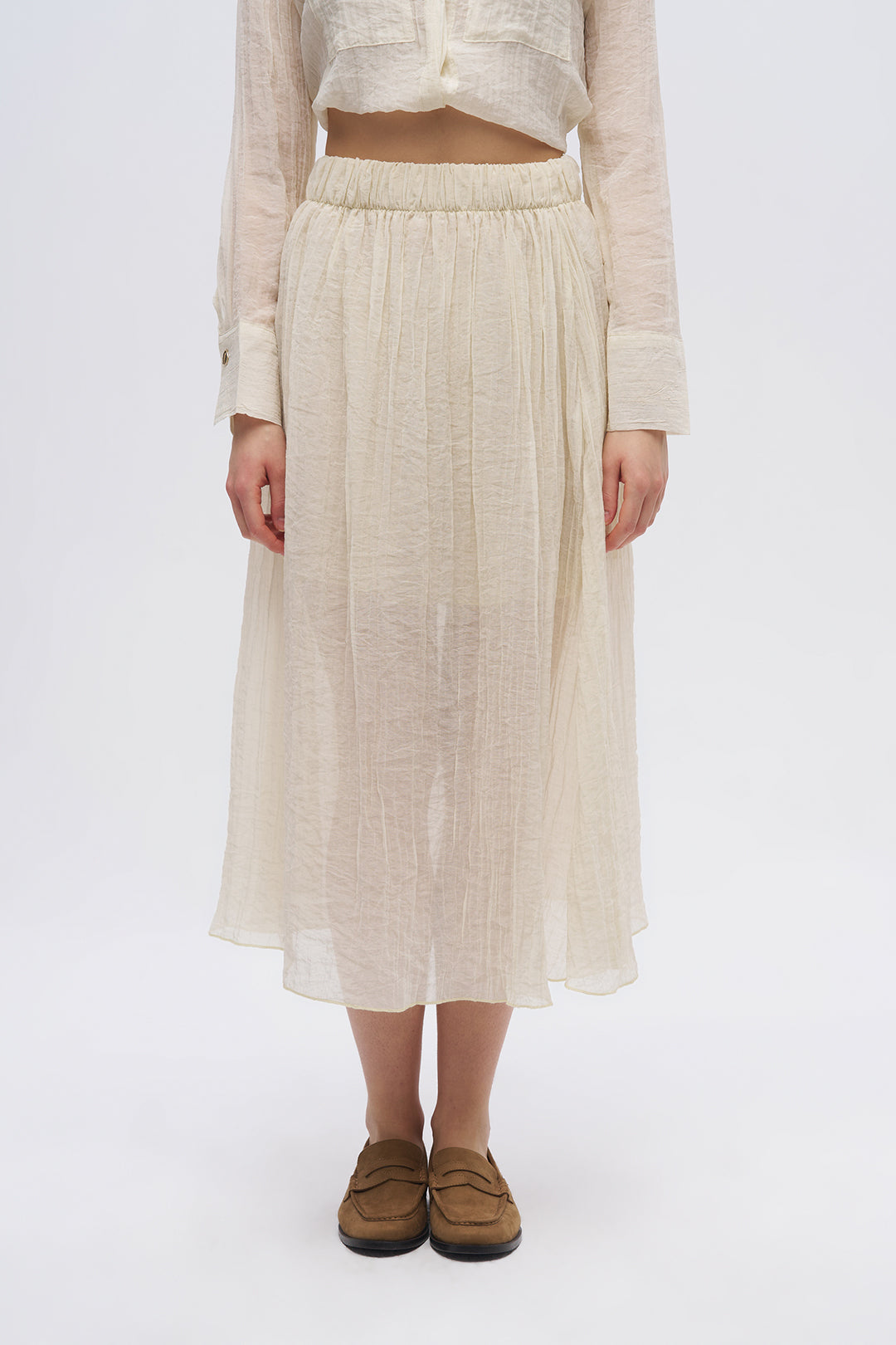 Beli Lastikli Çizgi Dokulu Yarı Astarlı Sarı Etek