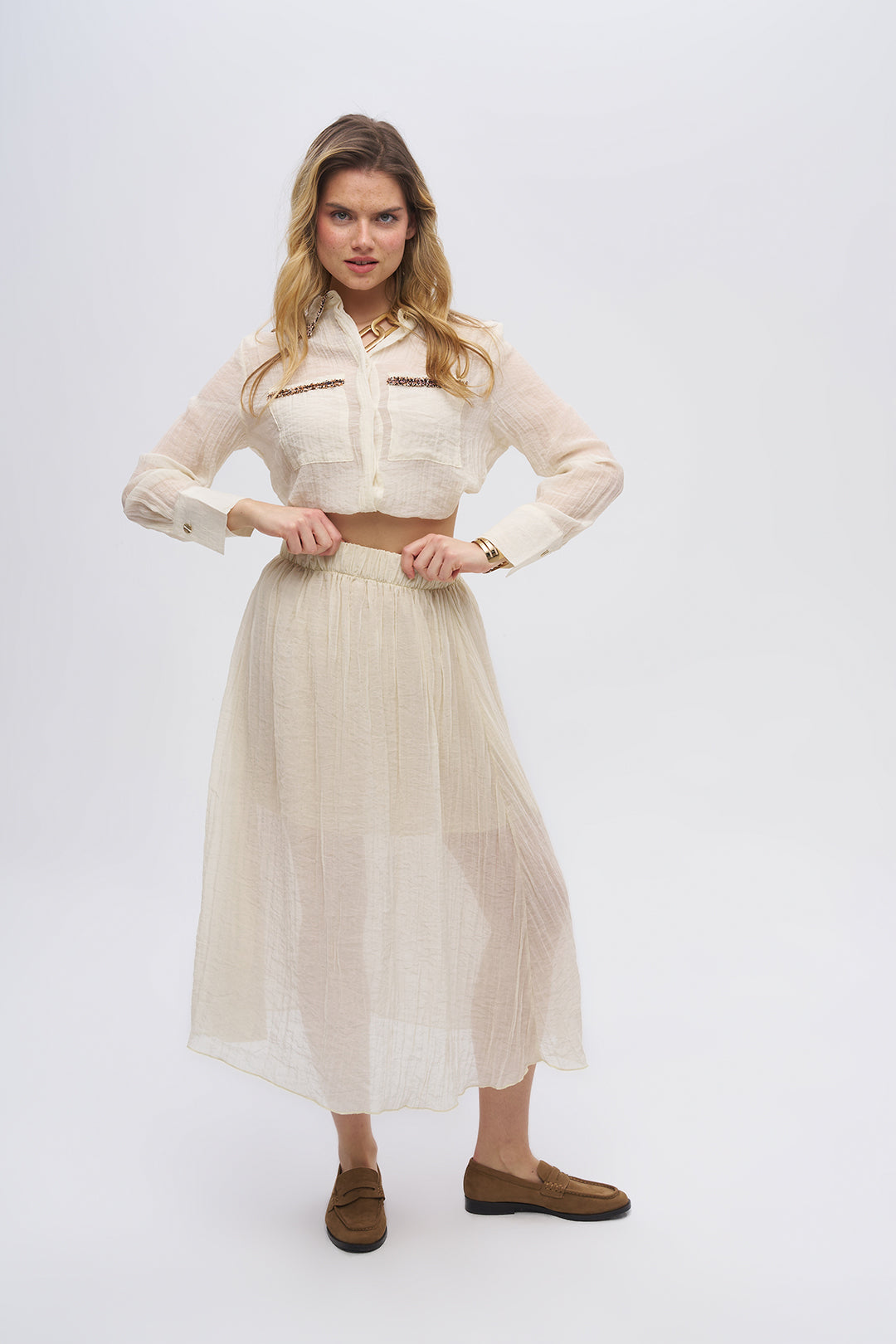 Beli Lastikli Çizgi Dokulu Yarı Astarlı Sarı Etek