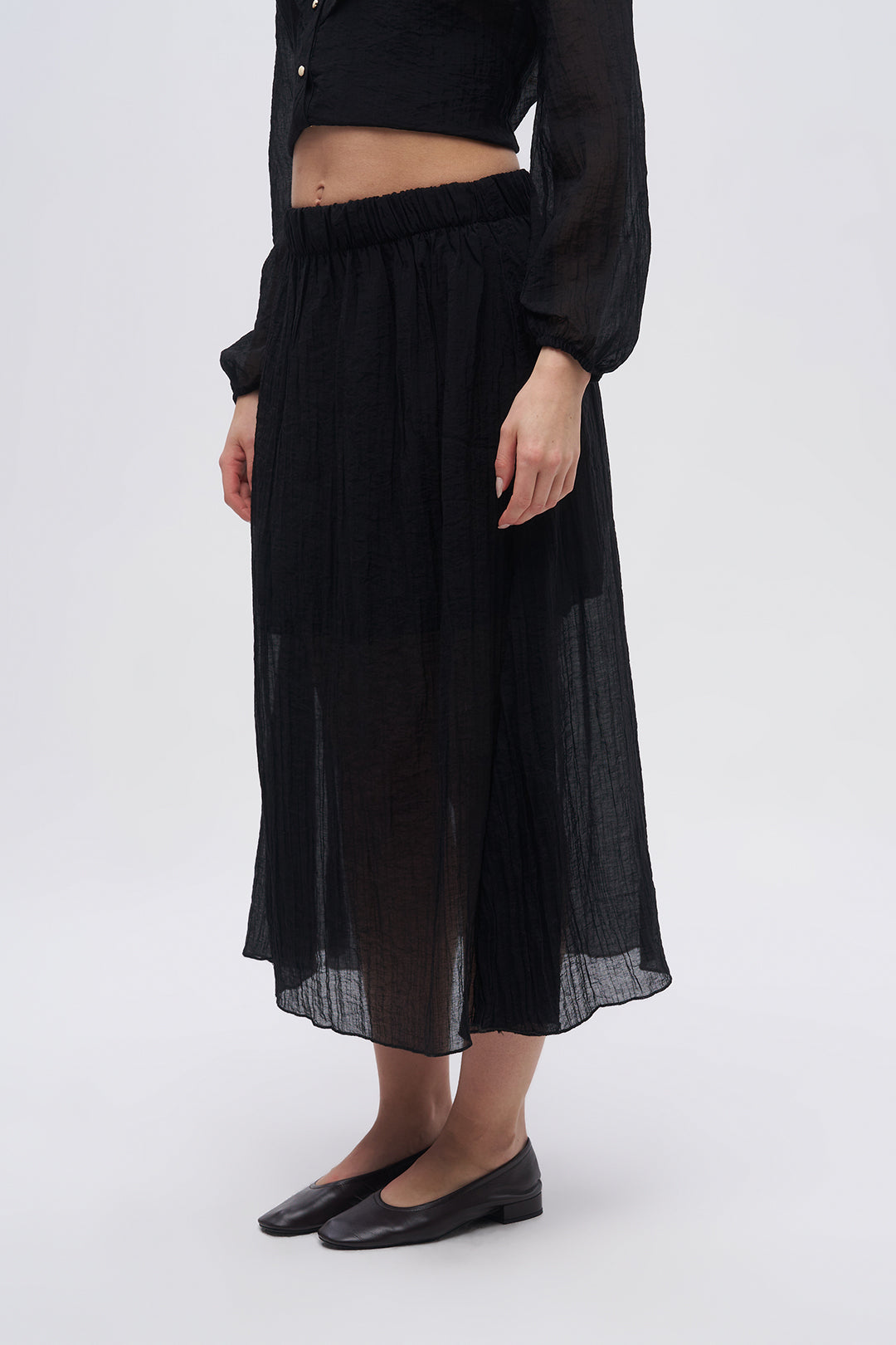 Beli Lastikli Çizgi Dokulu Yarı Astarlı Siyah Etek