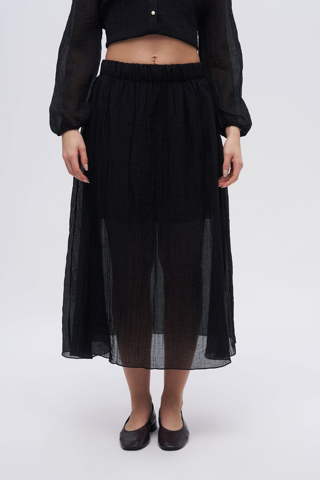 Beli Lastikli Çizgi Dokulu Yarı Astarlı Siyah Etek