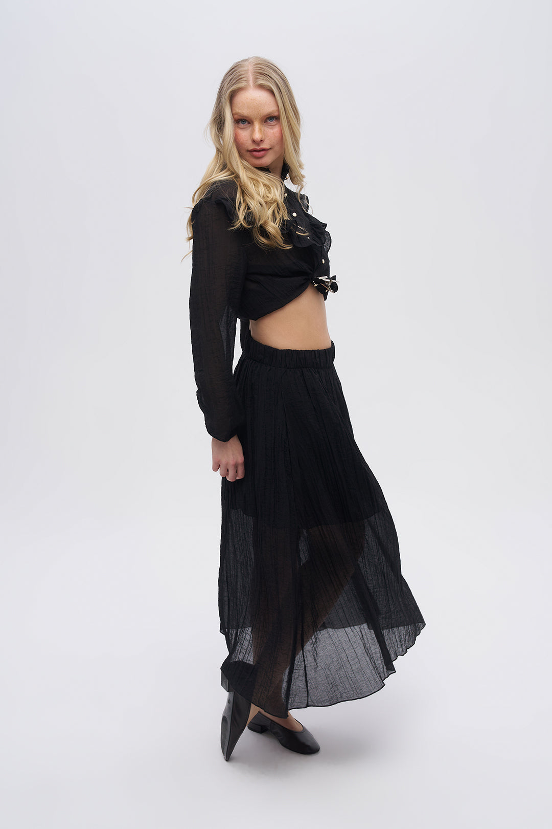 Beli Lastikli Çizgi Dokulu Yarı Astarlı Siyah Etek