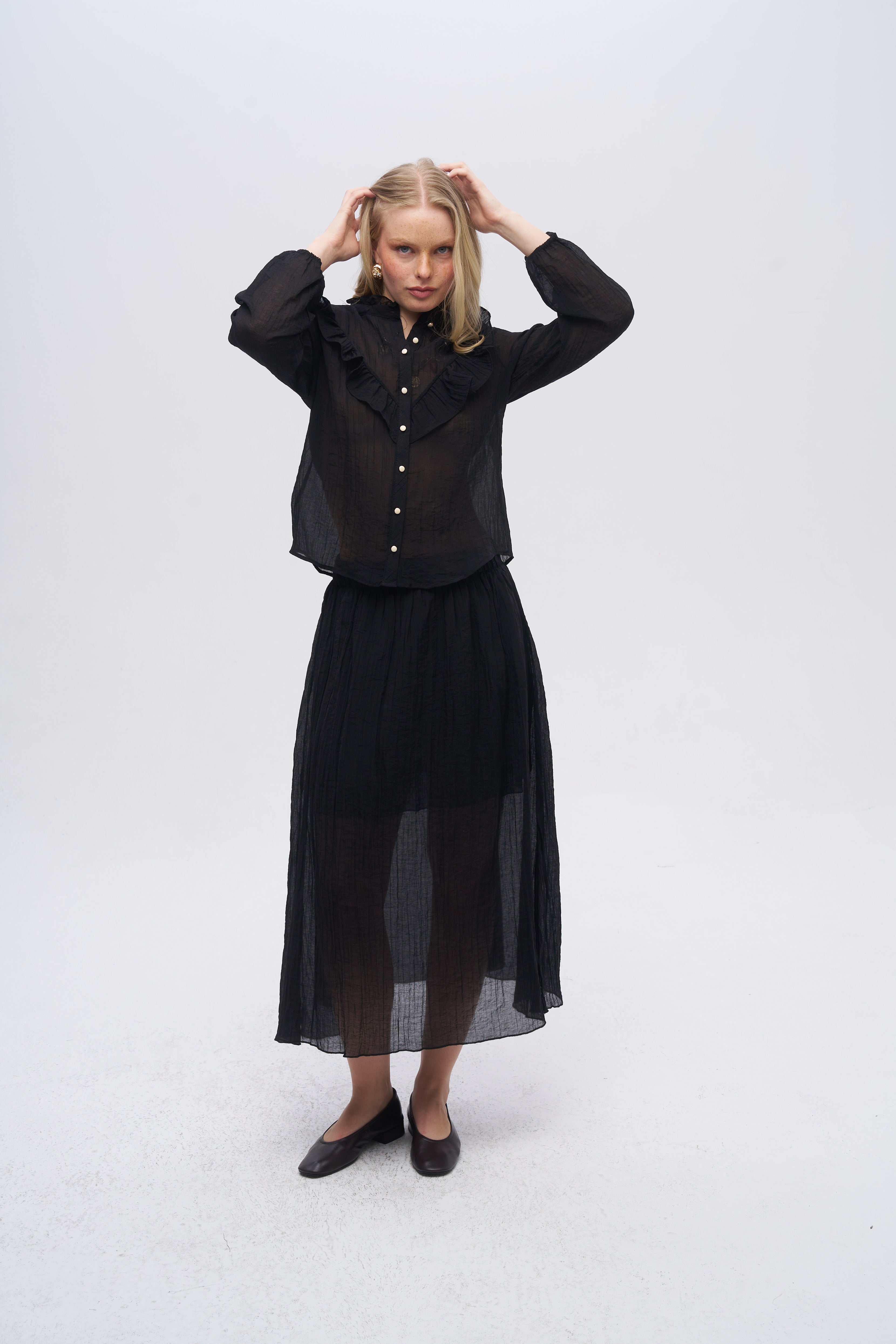 Beli Lastikli Çizgi Dokulu Yarı Astarlı Siyah Etek