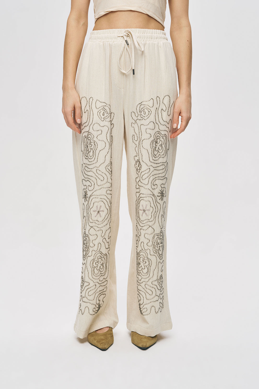 Orfeonegro Etnik Nakış İşlemeli Beli Lastikli Bol Paça Pantolon