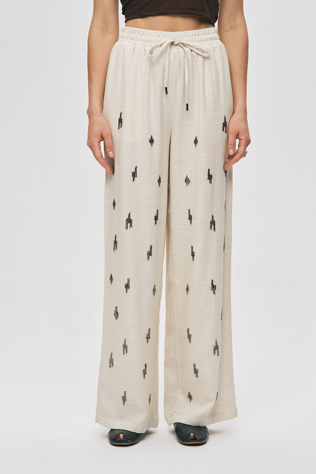 Orfeonegro Beli Lastikli Boncuk İşlemeli Palazzo Pantolon