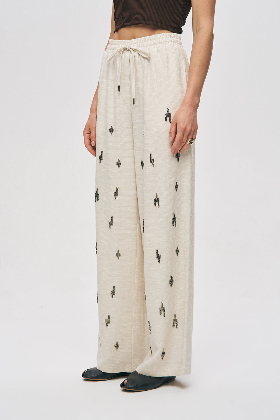Orfeonegro Beli Lastikli Boncuk İşlemeli Palazzo Pantolon