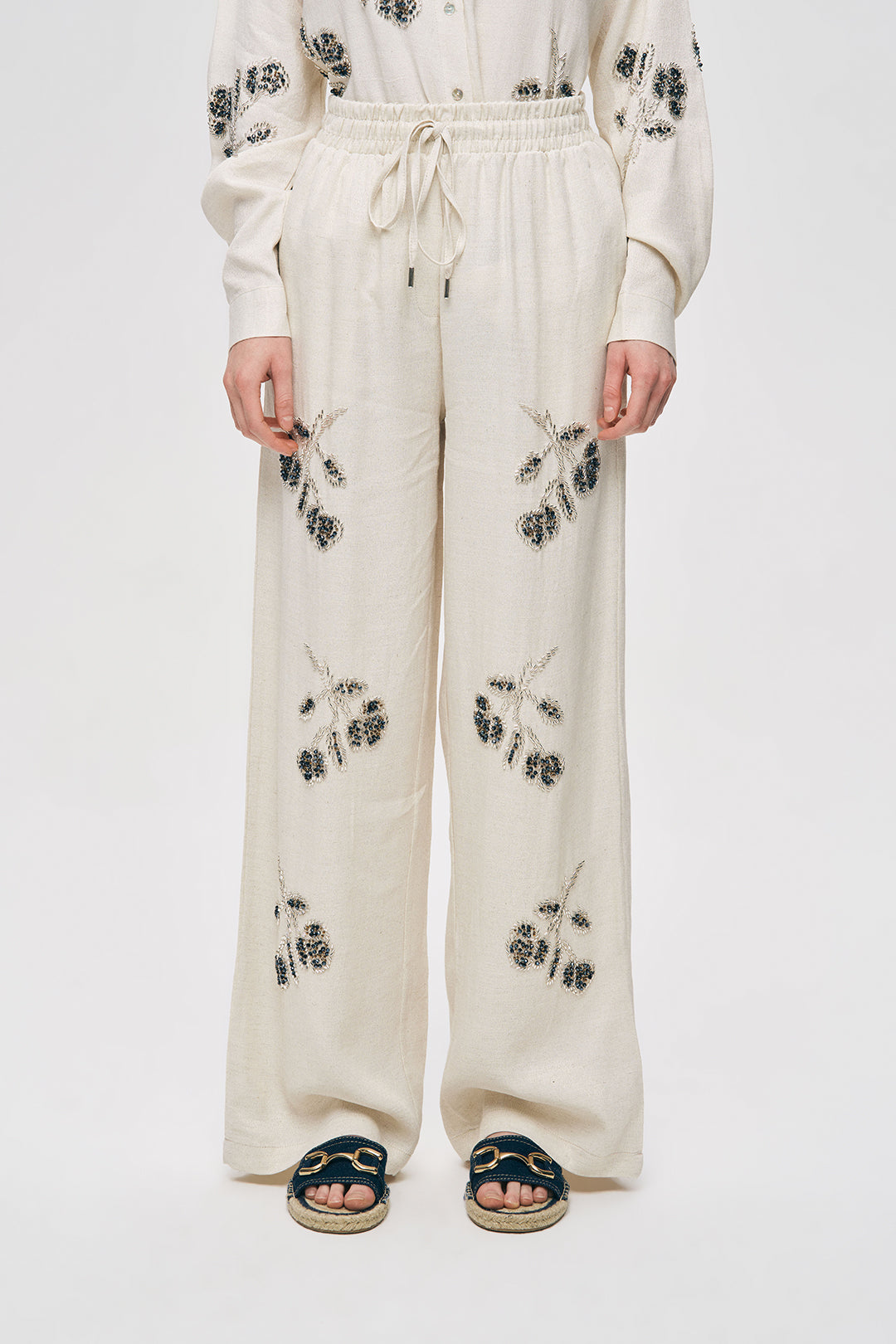 Boncuk İşlemeli Pamuk Keten Bol Paça Pantolon