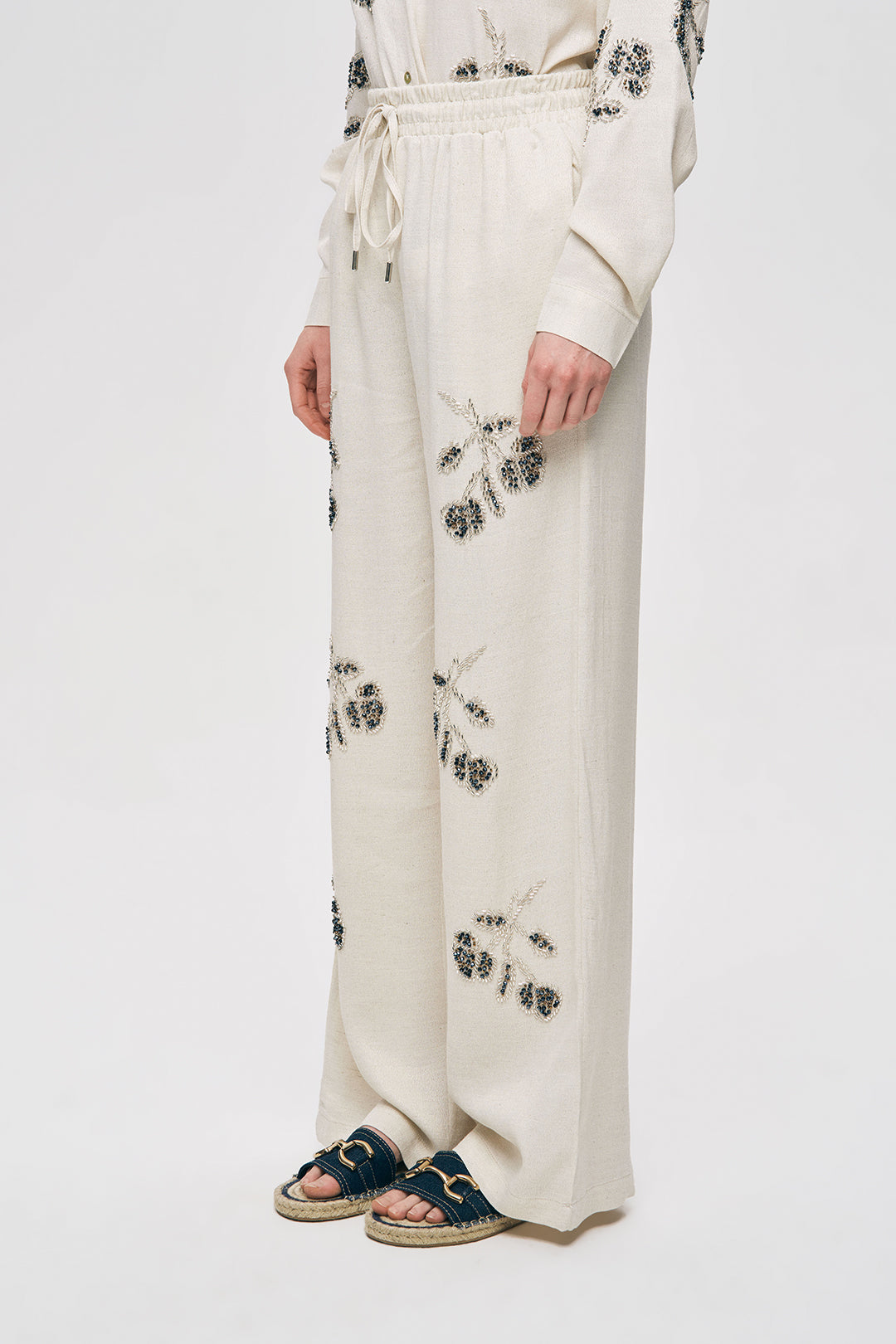Boncuk İşlemeli Pamuk Keten Bol Paça Pantolon