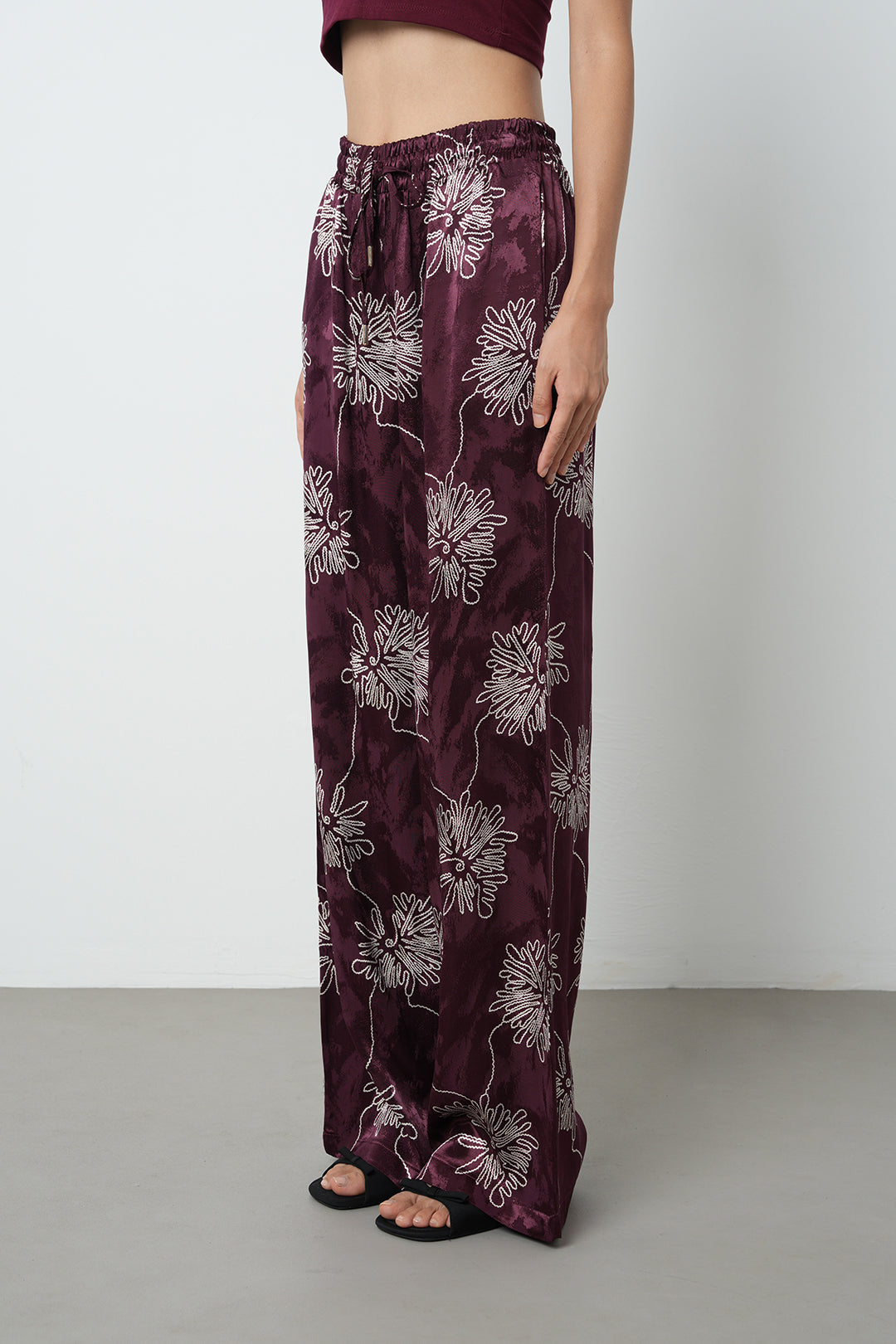 Bordo Çiçek Desenli Palazzo Pantolon