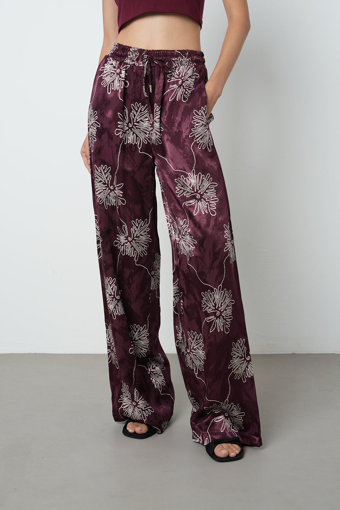 Bordo Çiçek Desenli Palazzo Pantolon