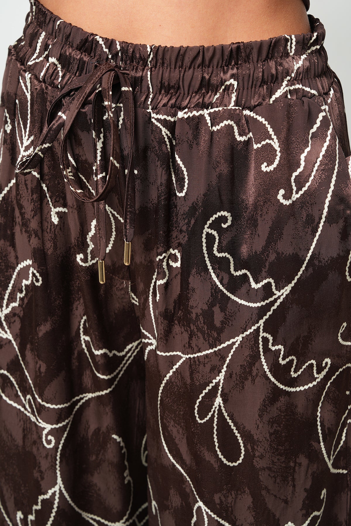 Orfeonegro Yüksek Bel Desenli Saten Palazzo Pantolon Kahverengi