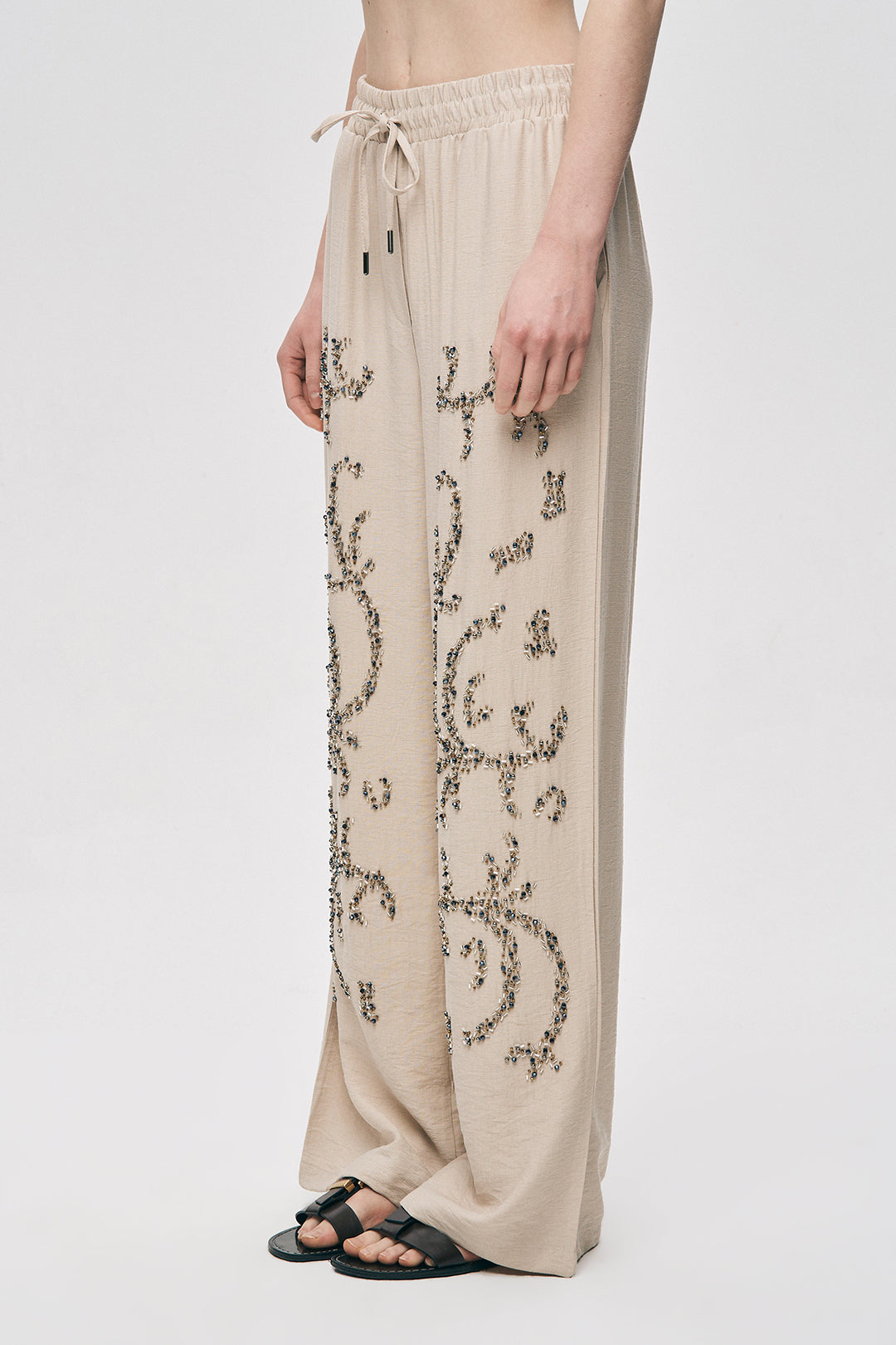 Orfeonegro Yüksek Bel Boncuk İşlemeli Palazzo Pantolon Açık Bej