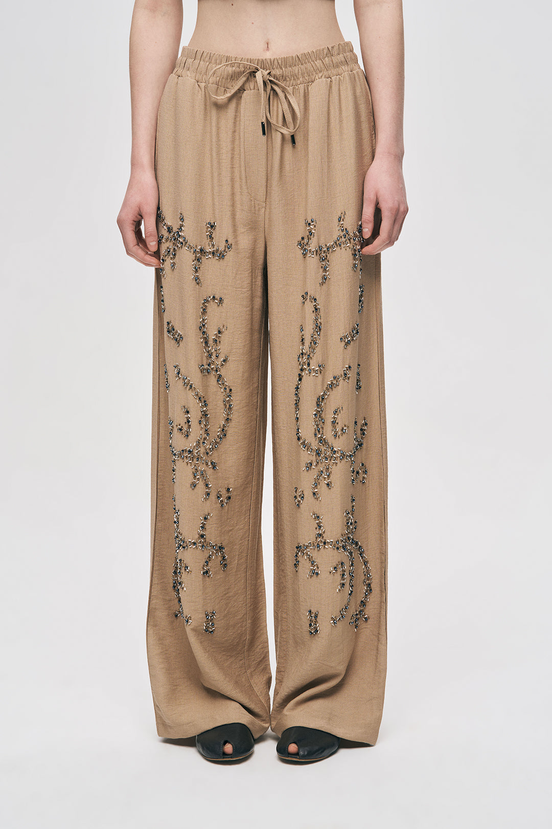 Orfeonegro Yüksek Bel Boncuk İşlemeli Palazzo Pantolon Bej