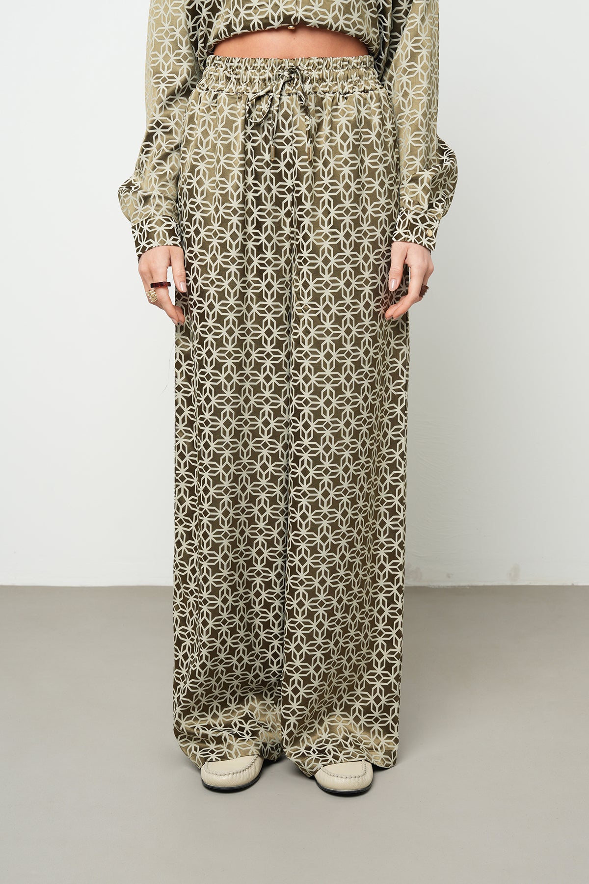 Orfeonegro Geometrik Desenli Saten Palazzo Pantolon