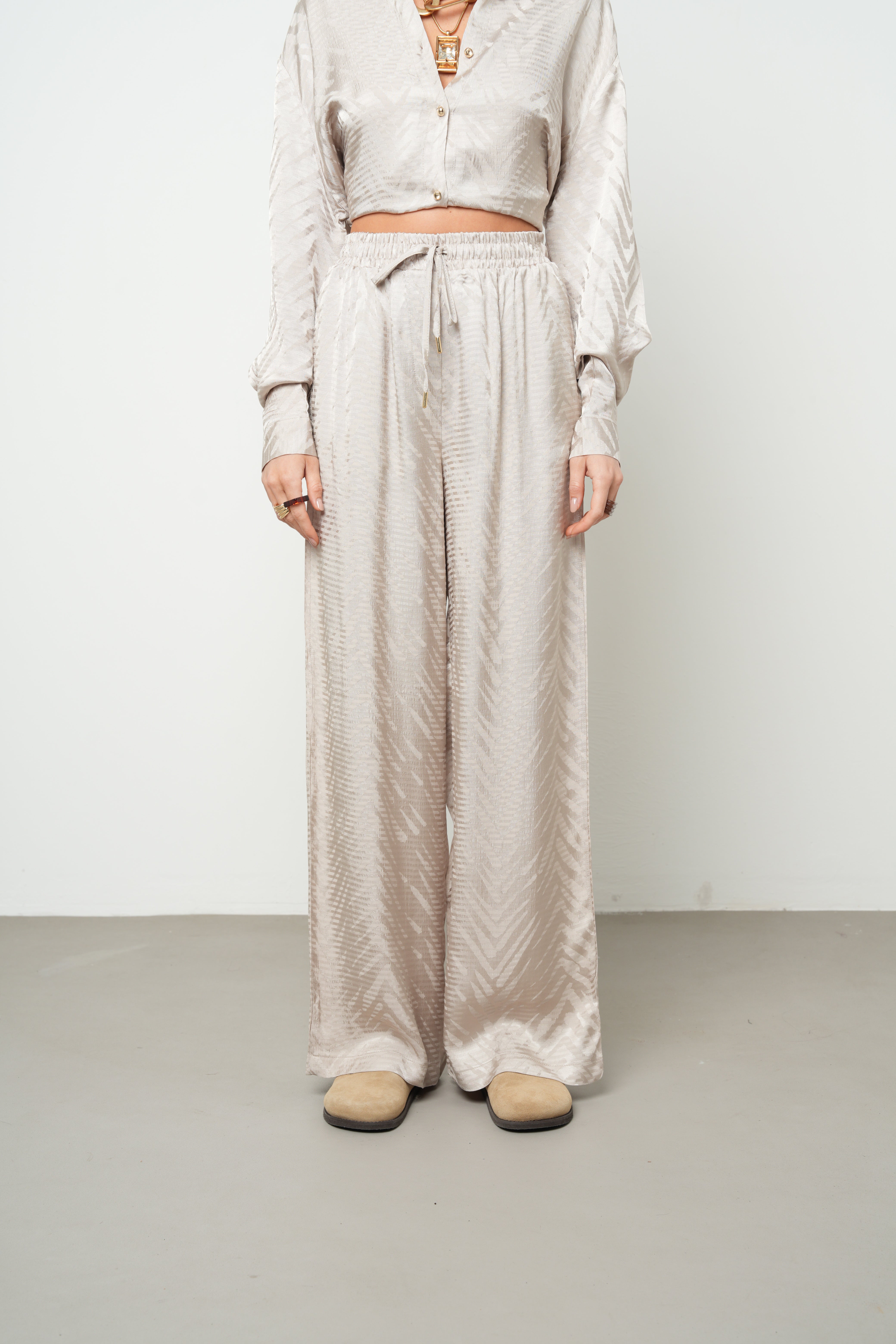 Orfeonegro Geometrik Desenli Palazzo Pantolon Bej