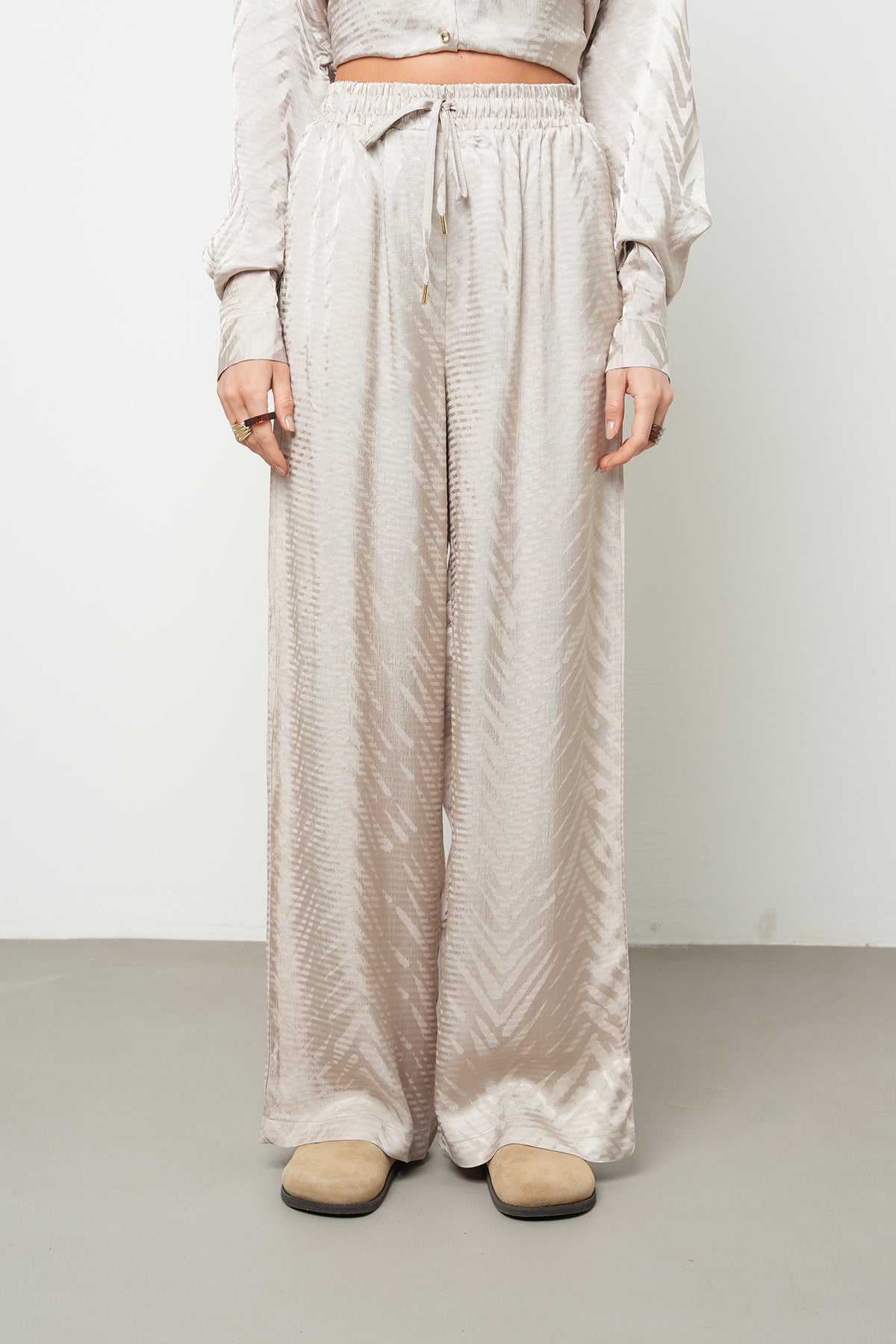 Orfeonegro Geometrik Desenli Palazzo Pantolon Bej