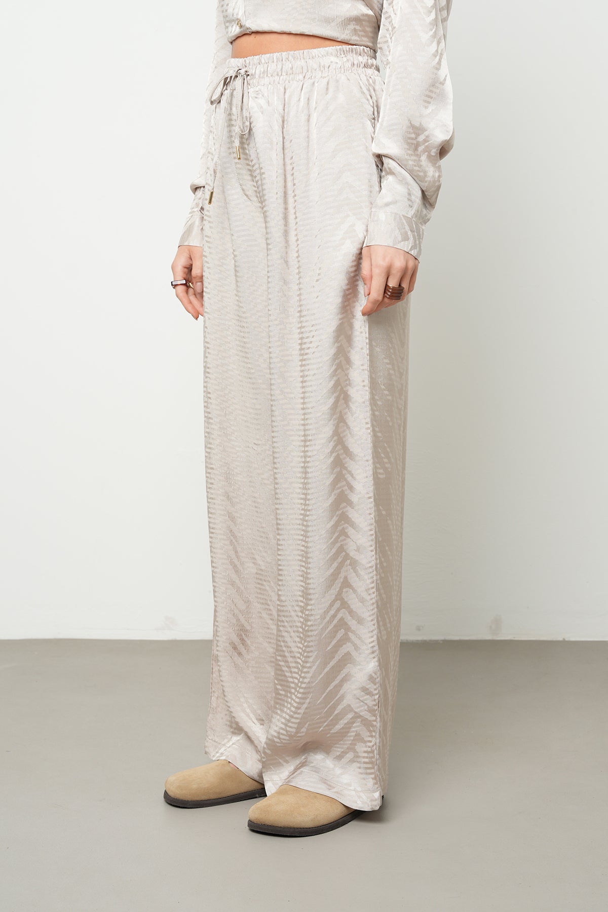 Orfeonegro Geometrik Desenli Palazzo Pantolon Bej