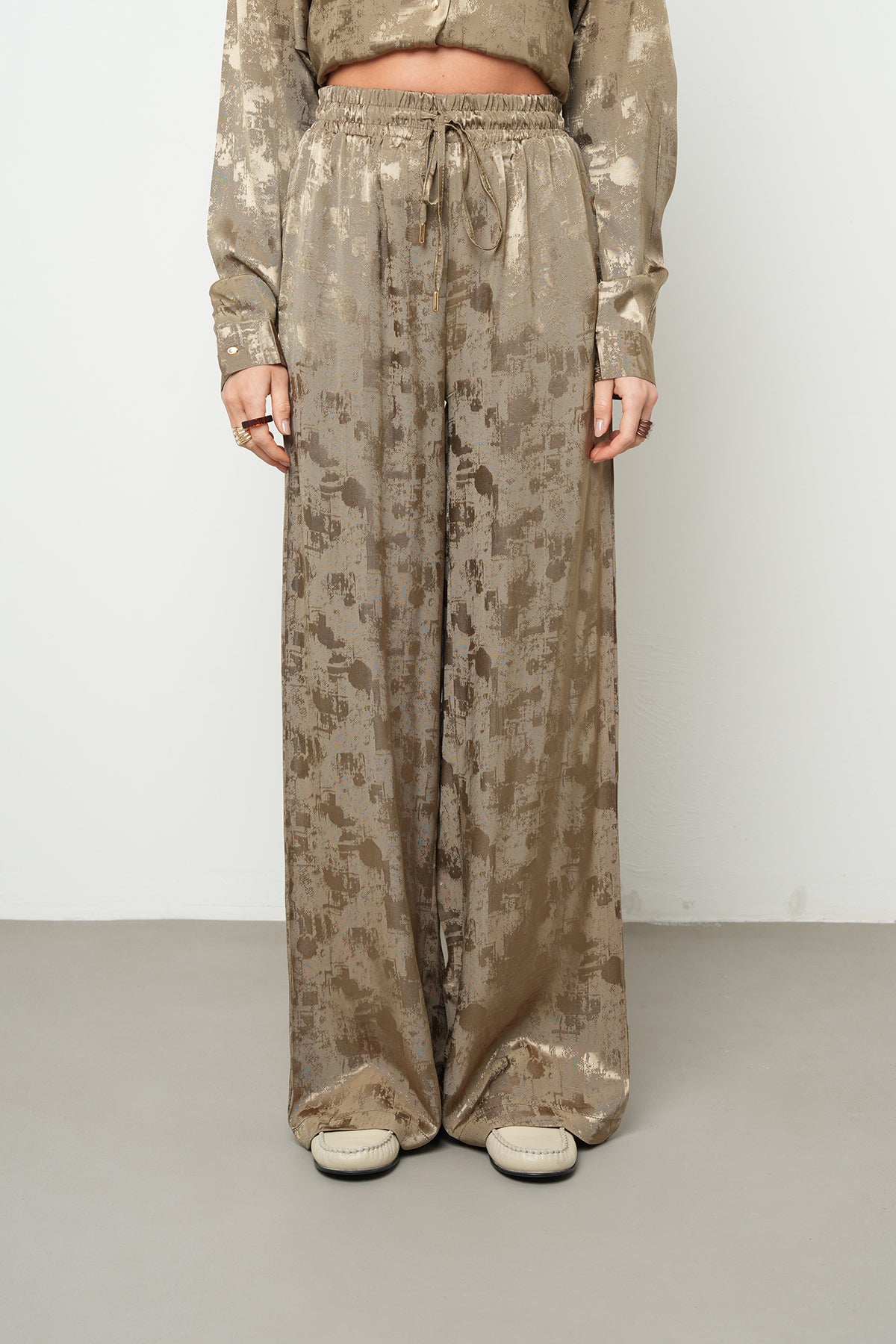 Orfeonegro Haki Saten Desenli Palazzo Pantolon