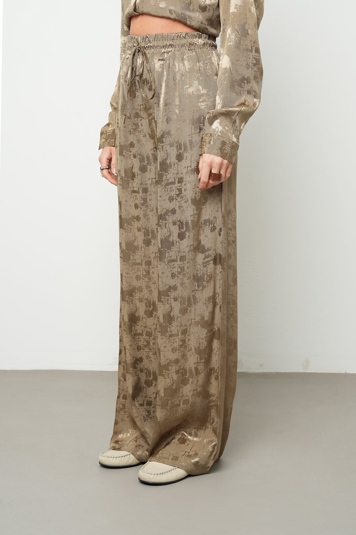 Orfeonegro Haki Saten Desenli Palazzo Pantolon