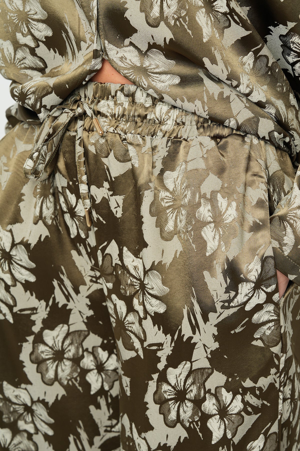 Orfeonegro Çiçek Desenli Haki Saten Palazzo Pantolon