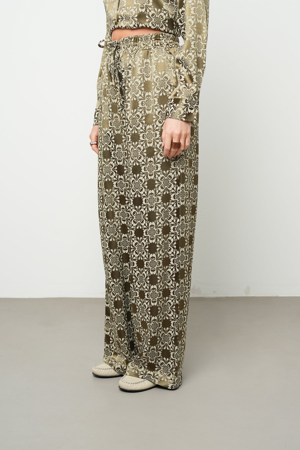 Orfeonegro Desenli Haki Saten Palazzo Pantolon