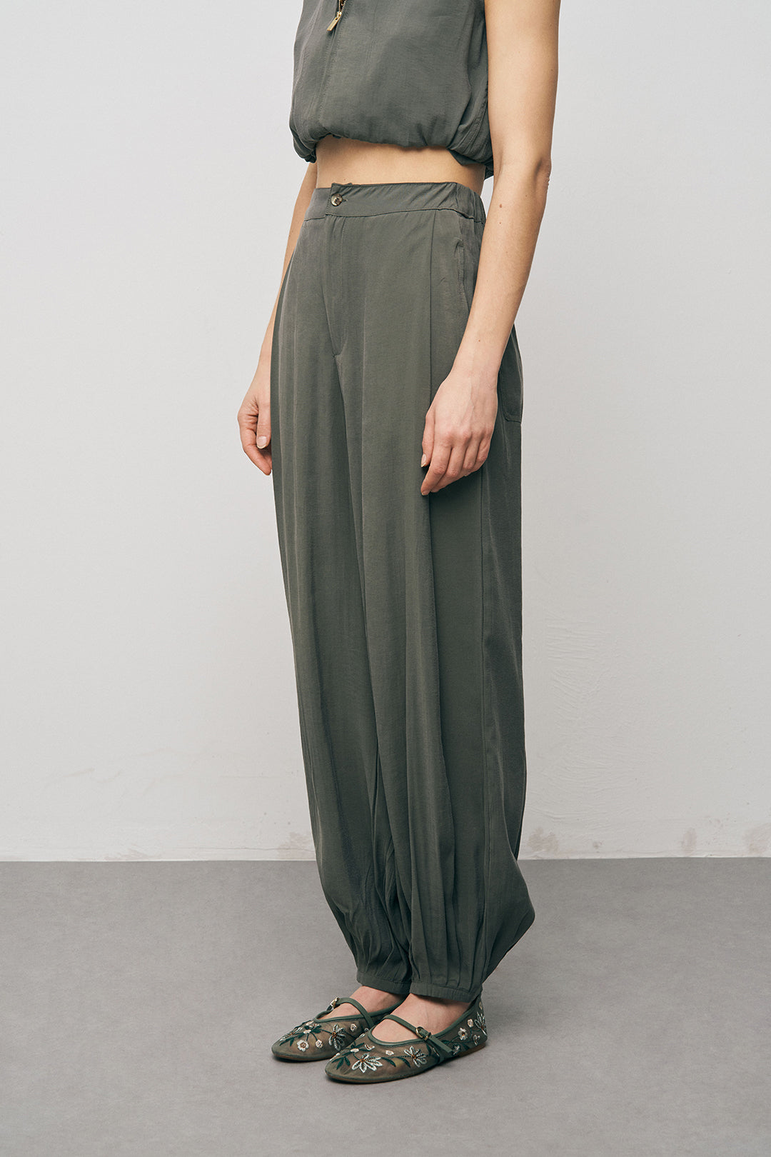 Orfeonegro Paçası Lastikli Haki Palazzo Pantolon