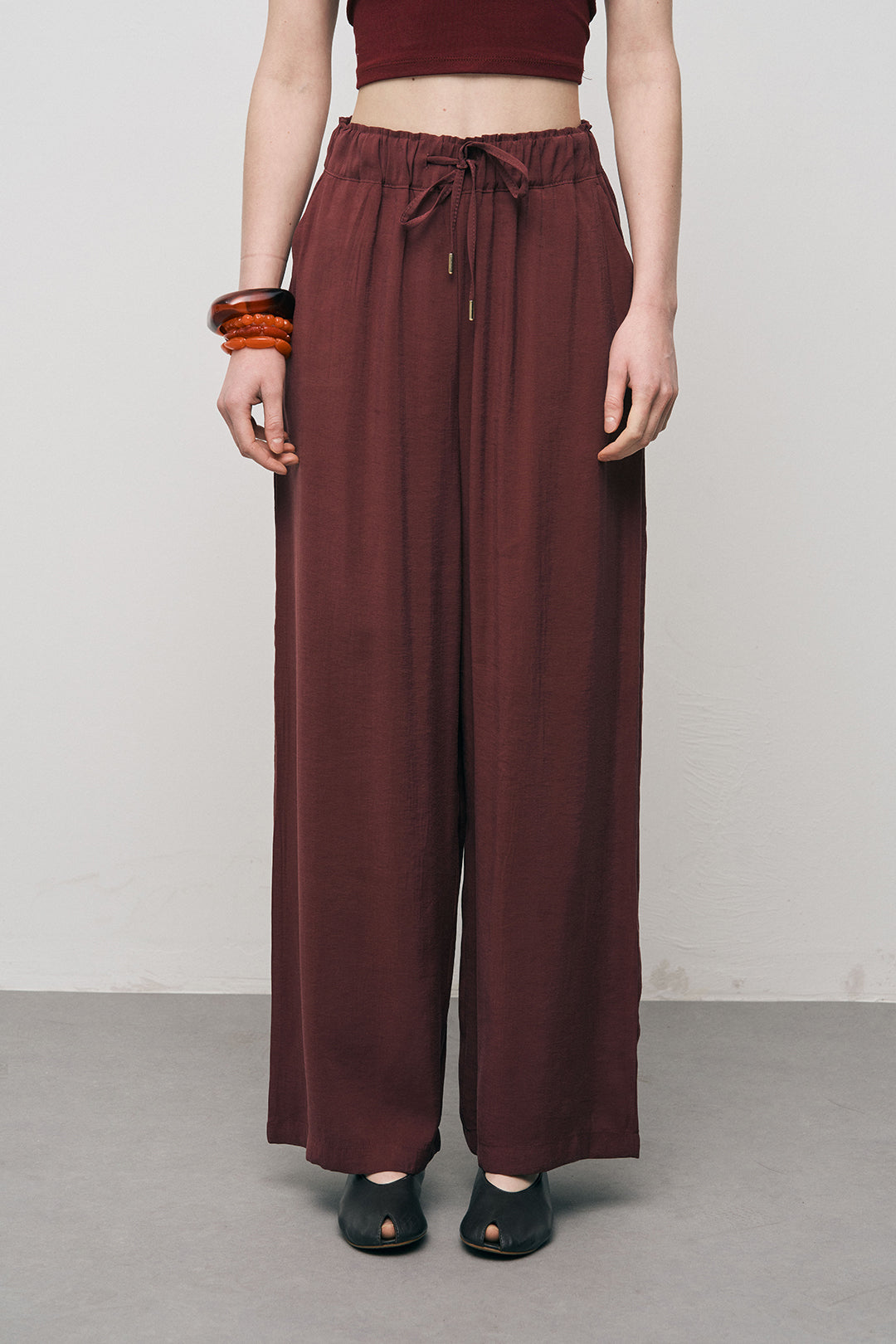 Orfeonegro Bordo Beli Bağcıklı Lastikli Bol Paça Pantolon