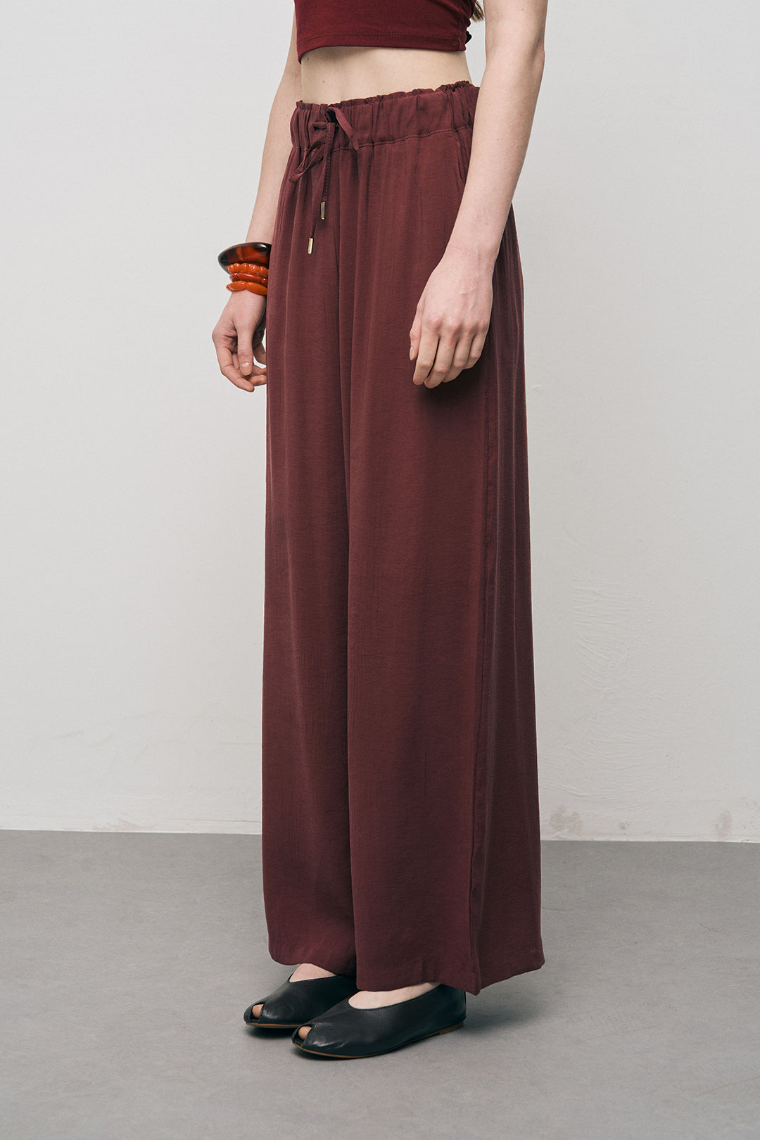 Orfeonegro Bordo Beli Bağcıklı Lastikli Bol Paça Pantolon