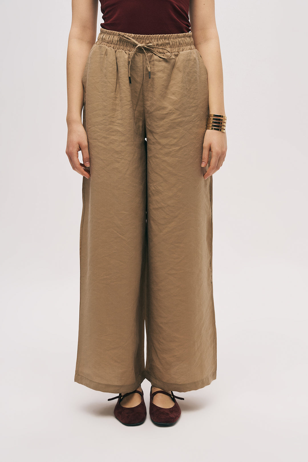 Toptan Kadın Beli Lastikli Dökümlü Bol Paça Karamel Pantolon