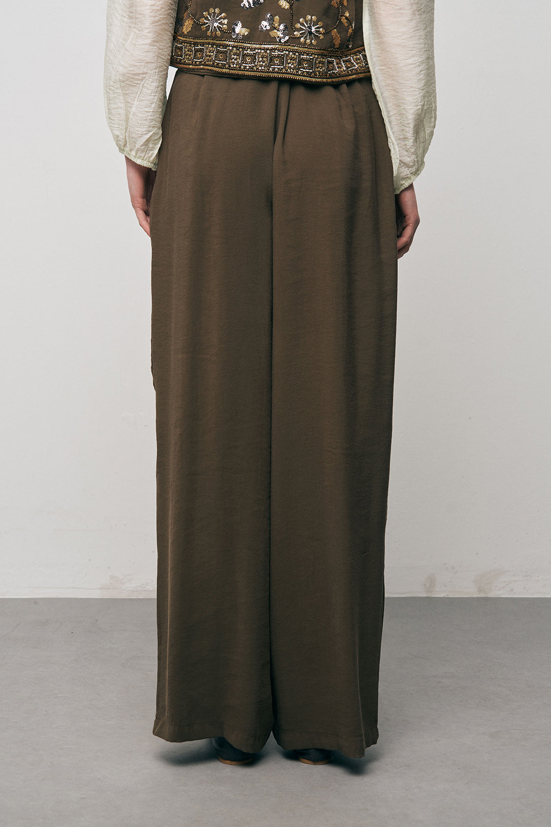 Yüksek Bel Bol Paça Pilili Kahve Keten Pantolon