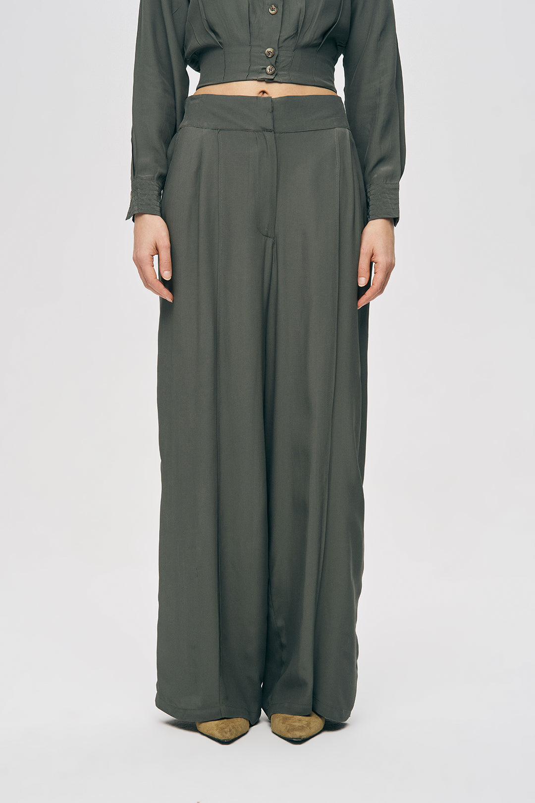 Orfeonegro Haki Yüksek Bel Geniş Paça Palazzo Pantolon