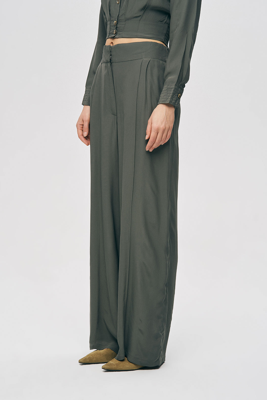 Orfeonegro Haki Yüksek Bel Geniş Paça Palazzo Pantolon
