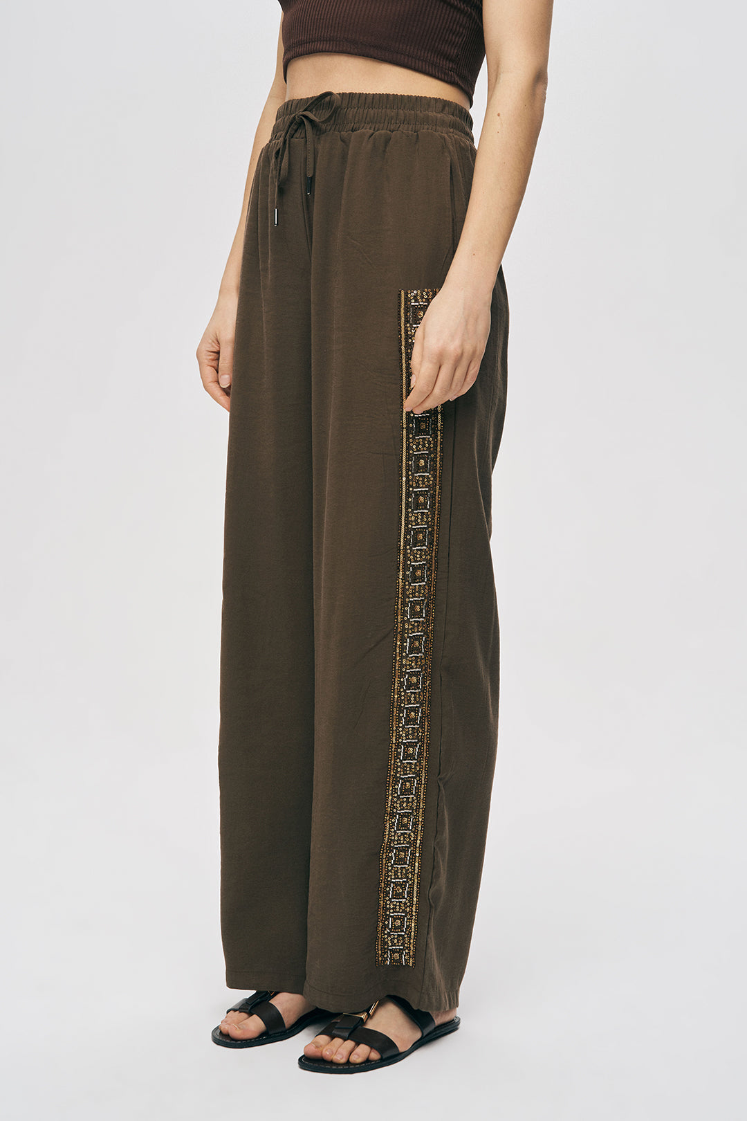 Orfeonegro Boncuklu Yan Şeritli Beli Bağcıklı Pantolon Kahve