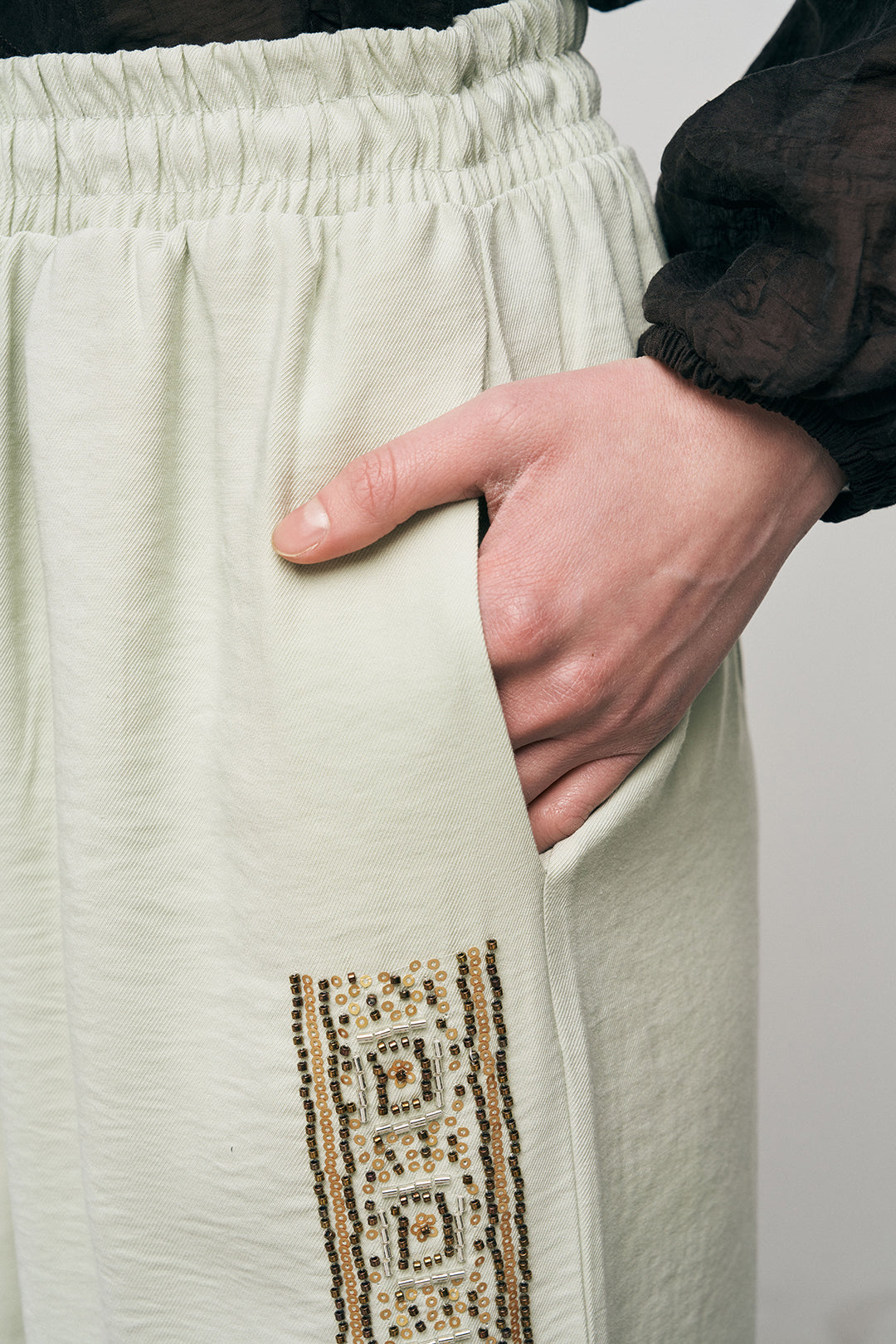 Orfeonegro Boncuklu Yan Şeritli Beli Bağcıklı Pantolon Mint