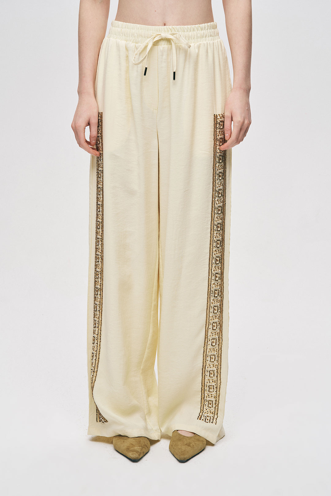 Orfeonegro Boncuklu Yan Şeritli Beli Bağcıklı Pantolon Sarı