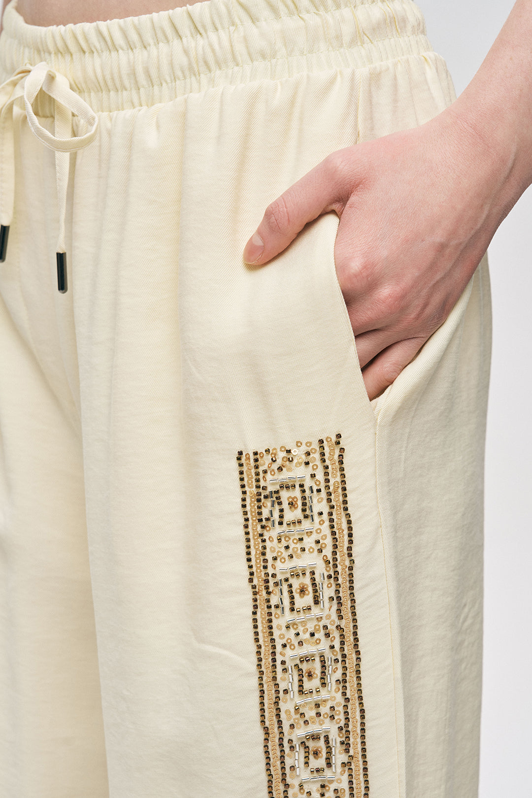 Orfeonegro Boncuklu Yan Şeritli Beli Bağcıklı Pantolon Sarı