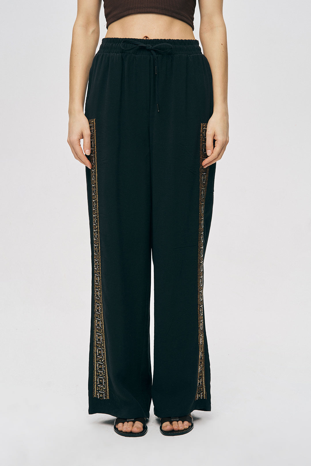 Orfeonegro Boncuklu Yan Şeritli Beli Bağcıklı Pantolon Siyah