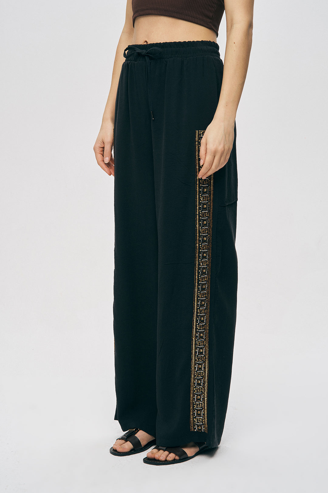 Orfeonegro Boncuklu Yan Şeritli Beli Bağcıklı Pantolon Siyah