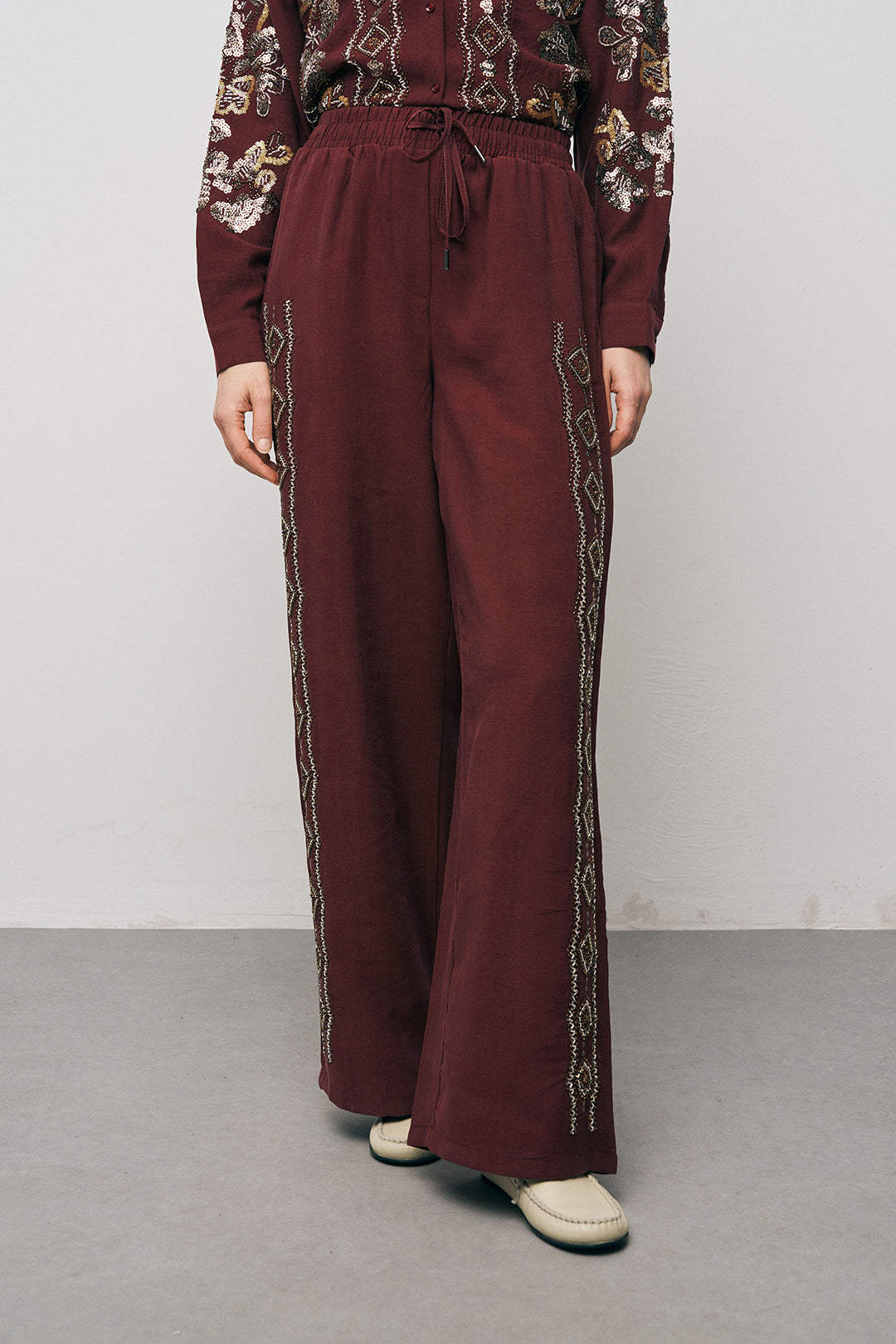 Orfeonegro Bordo Nakış İşlemeli Palazzo Pantolon