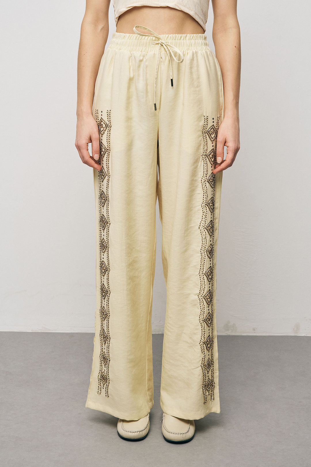 Orfeonegro Sarı Nakış İşlemeli Palazzo Pantolon