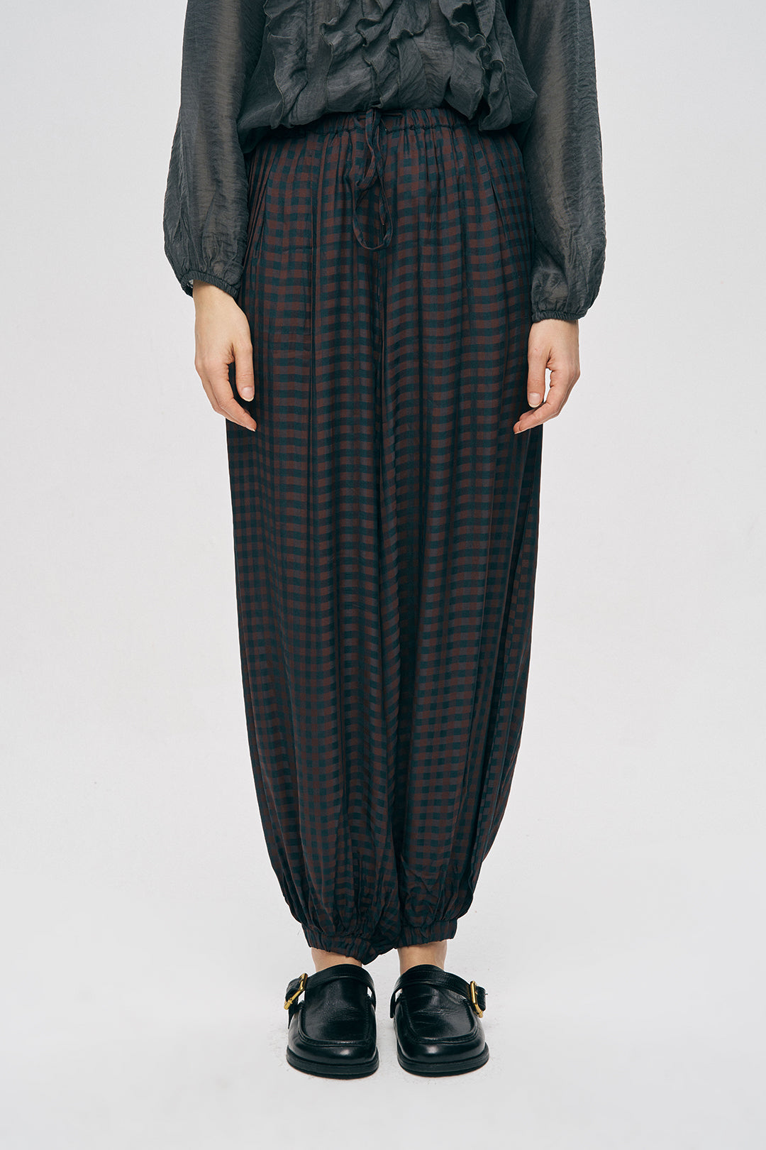 Orfeonegro Beli ve Paçası Lastikli Ekose Desenli Şalvar Pantolon Bordo