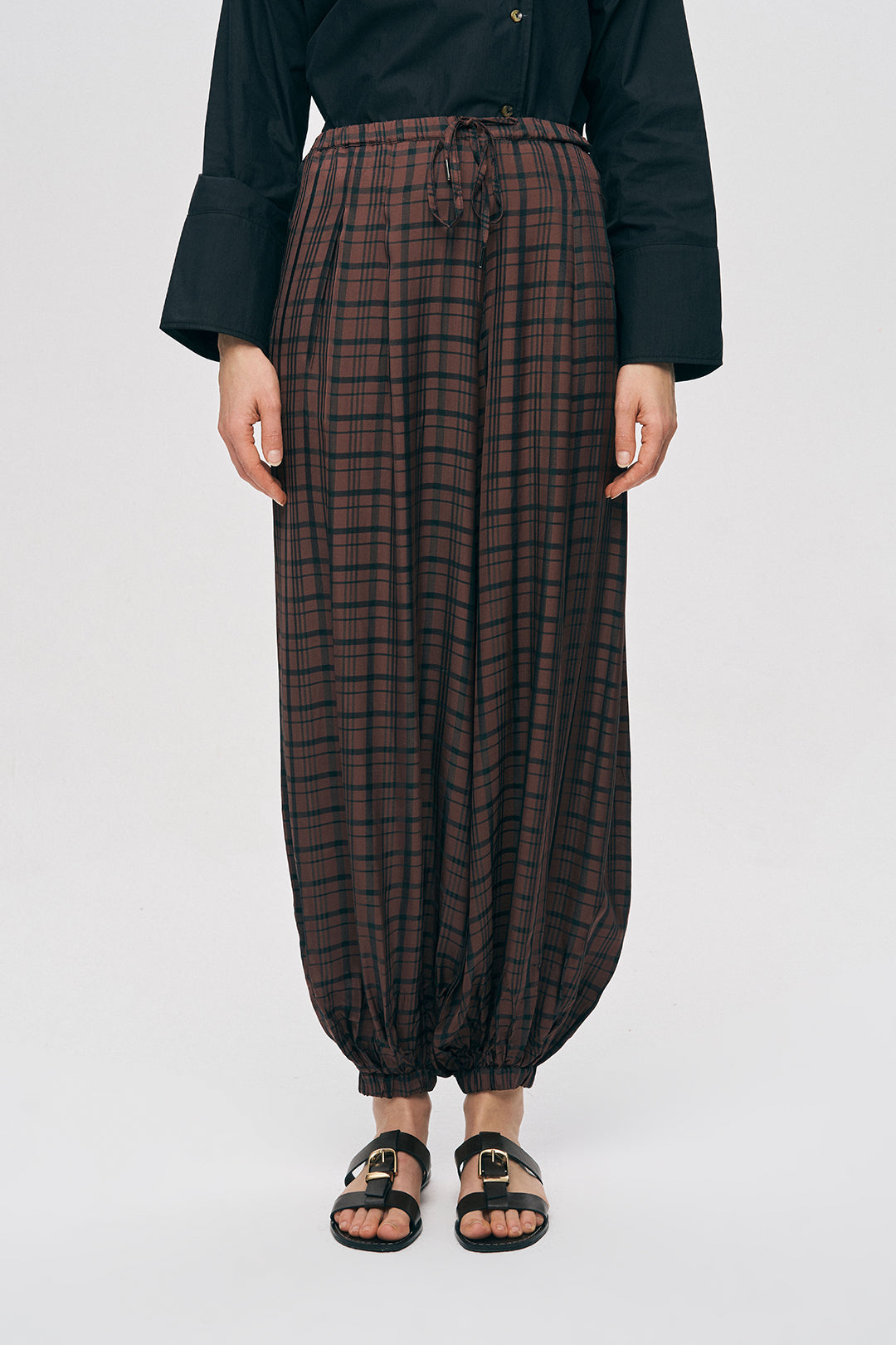 Orfeonegro Ekoseli Bordo Şalvar Kesim Lastikli Pantolon