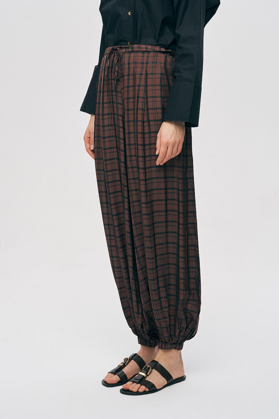 Orfeonegro Ekoseli Bordo Şalvar Kesim Lastikli Pantolon