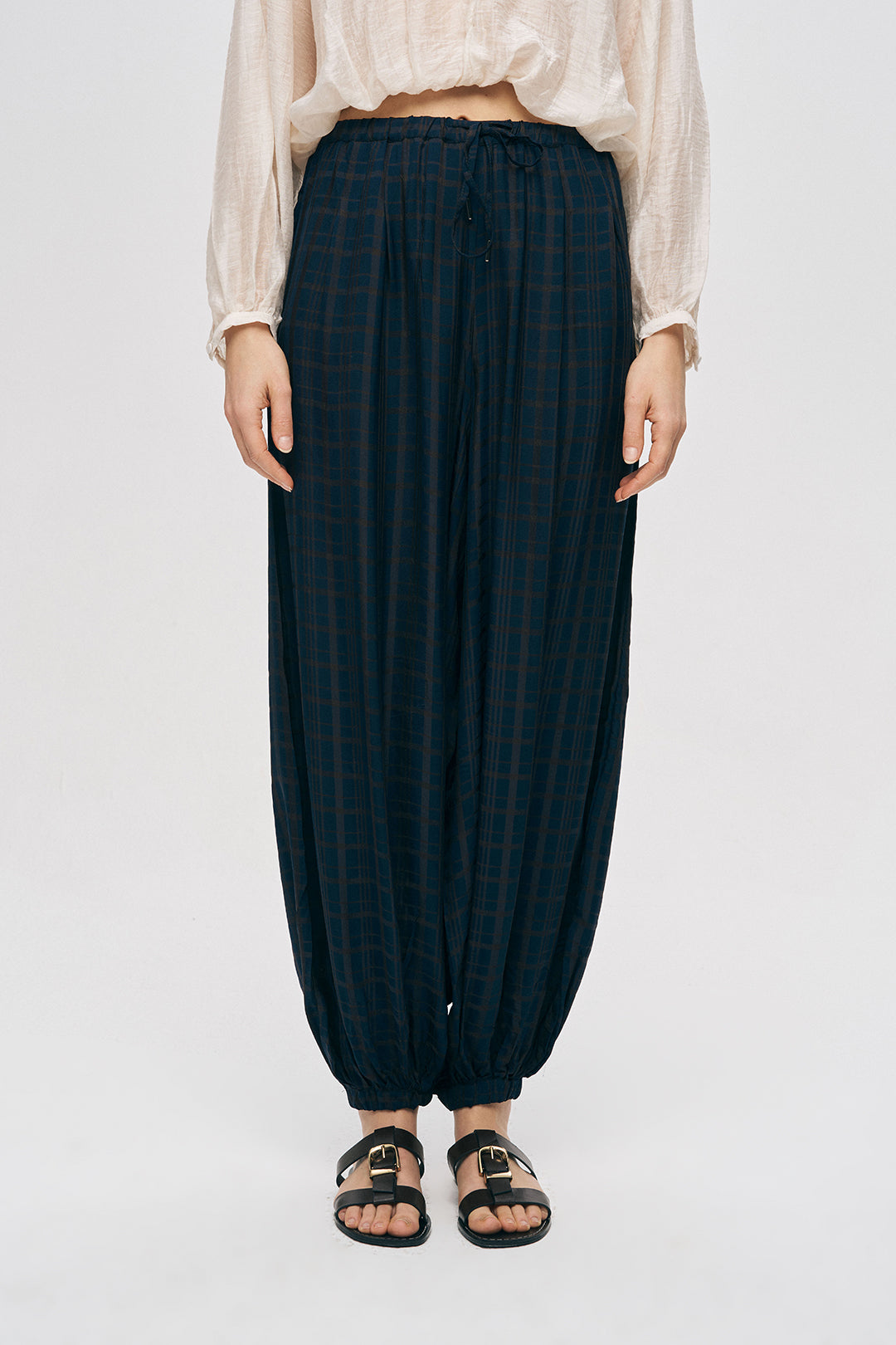 Orfeonegro Ekoseli Laci Şalvar Kesim Lastikli Pantolon