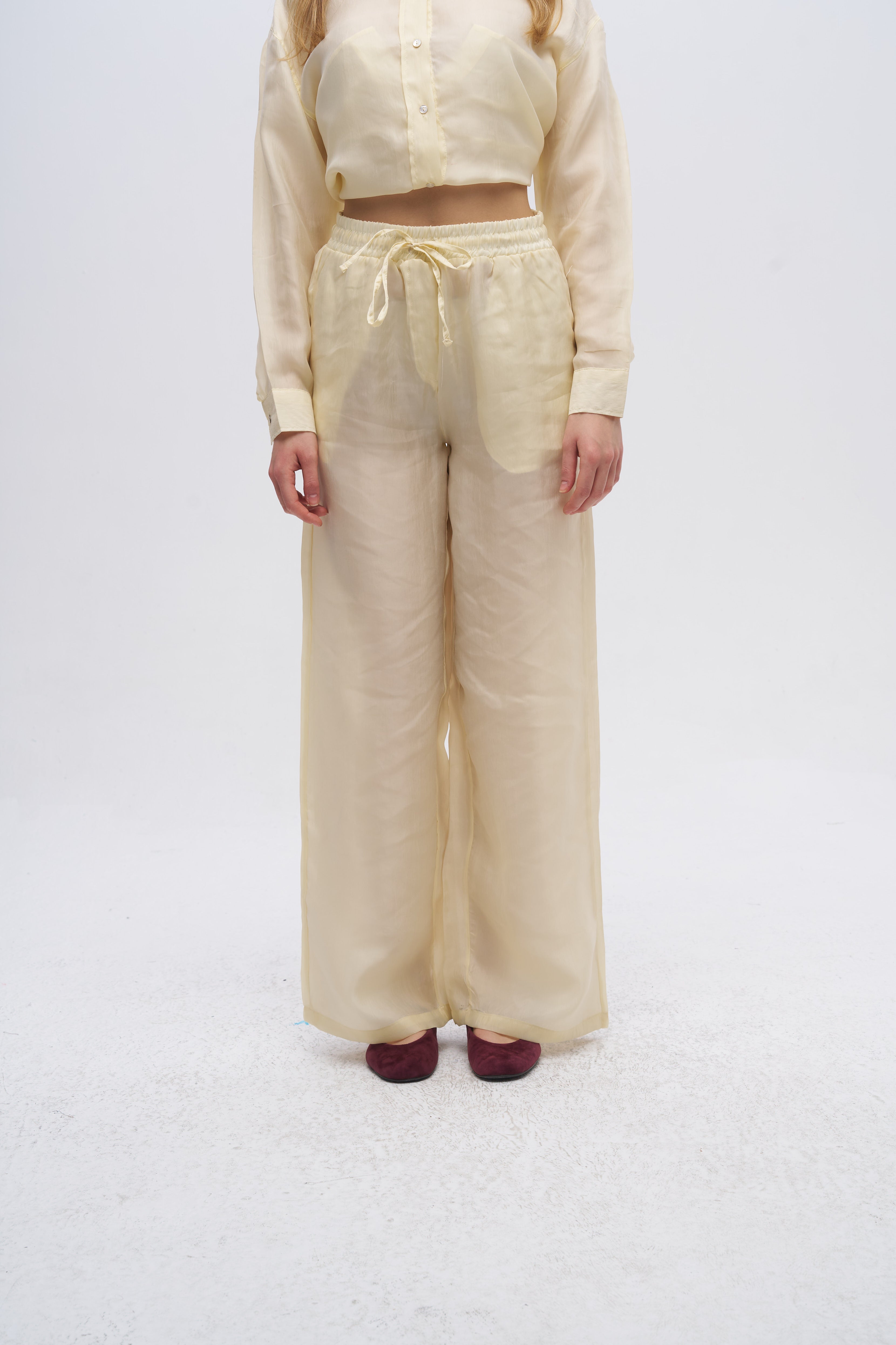 Beli Lastikli ve Bağcıklı Bol Paça Pantolon Sarı