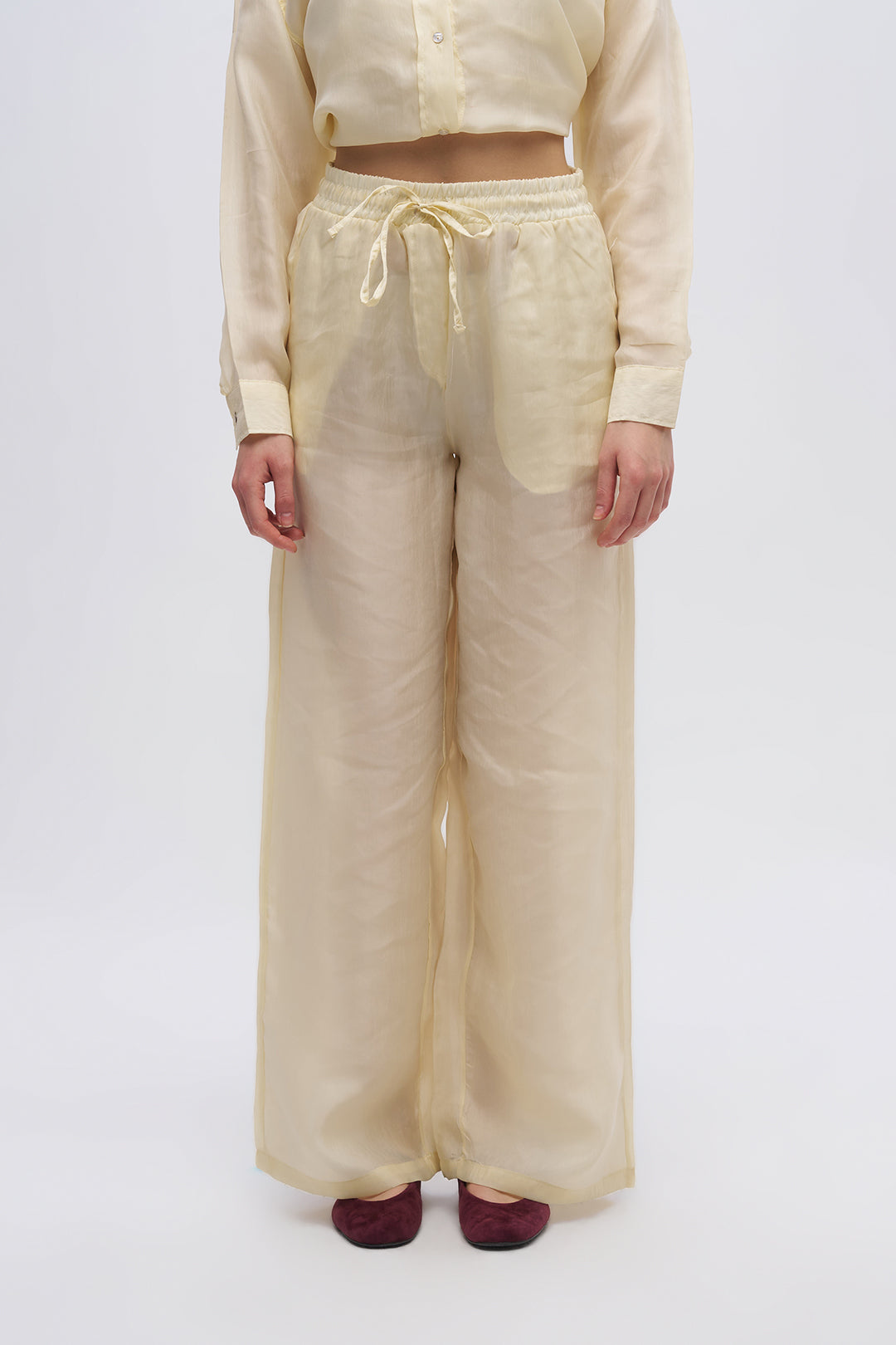 Beli Lastikli ve Bağcıklı Bol Paça Pantolon Sarı