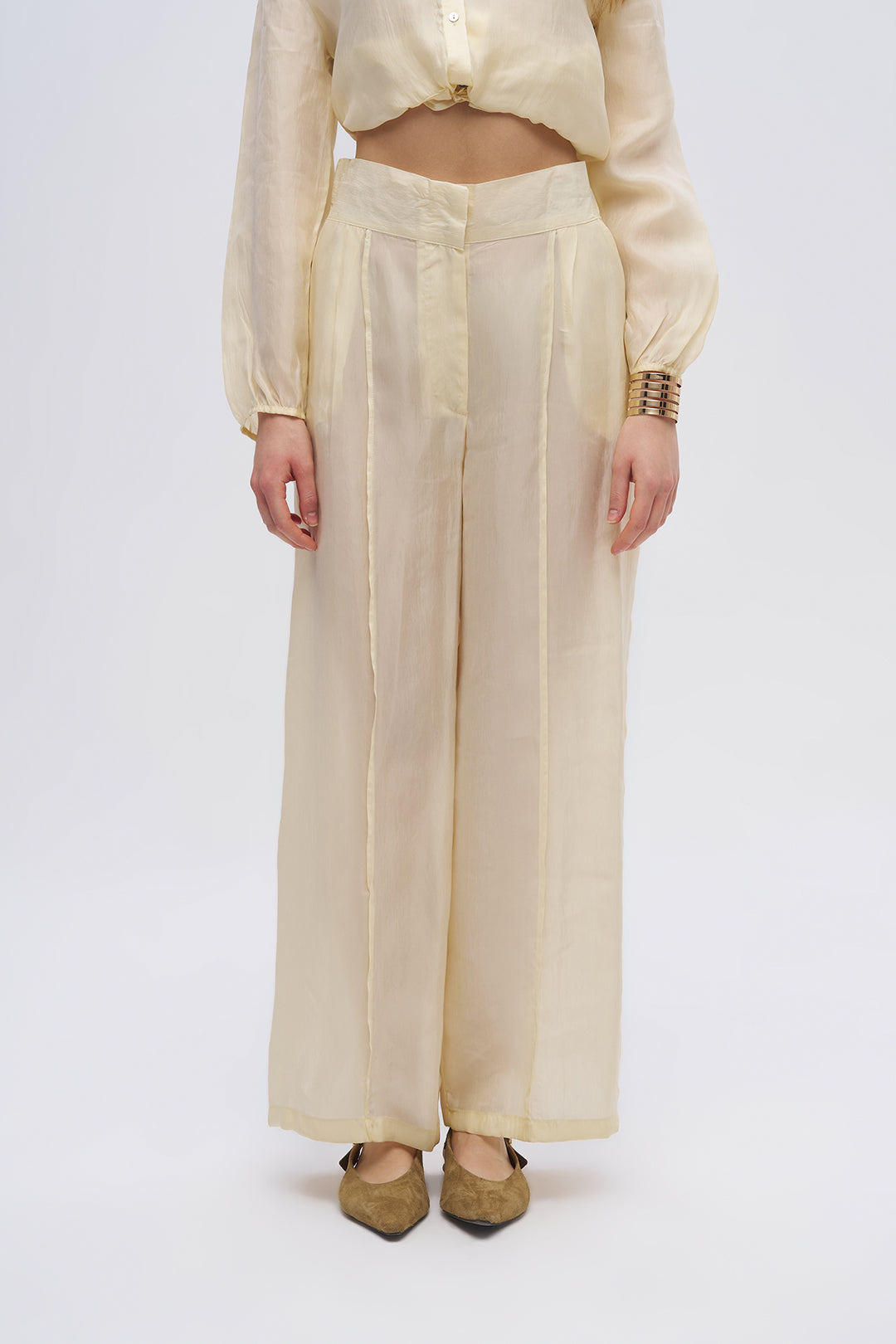 Toptan Kadın Beli Lastikli Bol Paça Pantolon Sarı